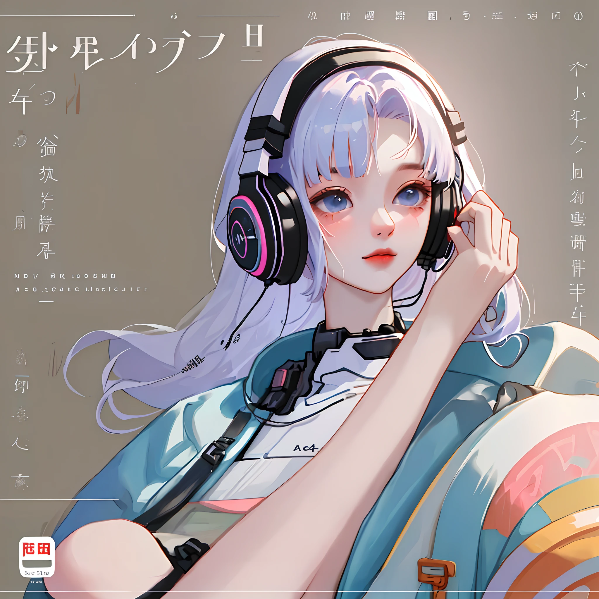 top-quality、masterpiece、Music Jacket、covers、lo fashion、1:Diagram 1、The whole body subsides、bending the body、colorful strands of hair、Hair flutters、Pretty Woman、Headphones hanging from the neck、The background is Cyber-like、Shoes with thick soles