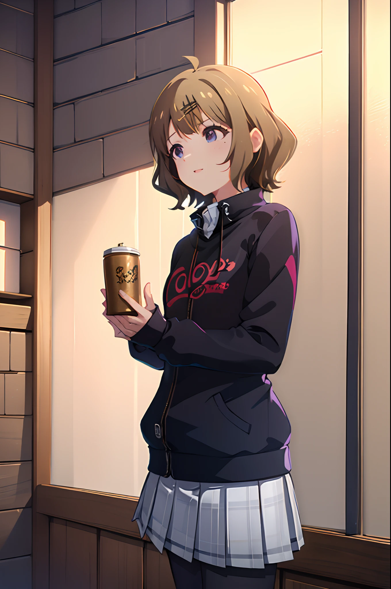 happy,momoko suou (million live),(Perfect Anatomy:1.2),((Perfect hands:1.2))、 brown hair, mole under eye, mole, hair ornament, hairclip, short hair, purple eyes, pantyhose, skirt, pleated skirt, long sleeves, s, bangs, weater, miniskirt, black sweater, black pantyhose, grey skirt, collared shirt,happ、