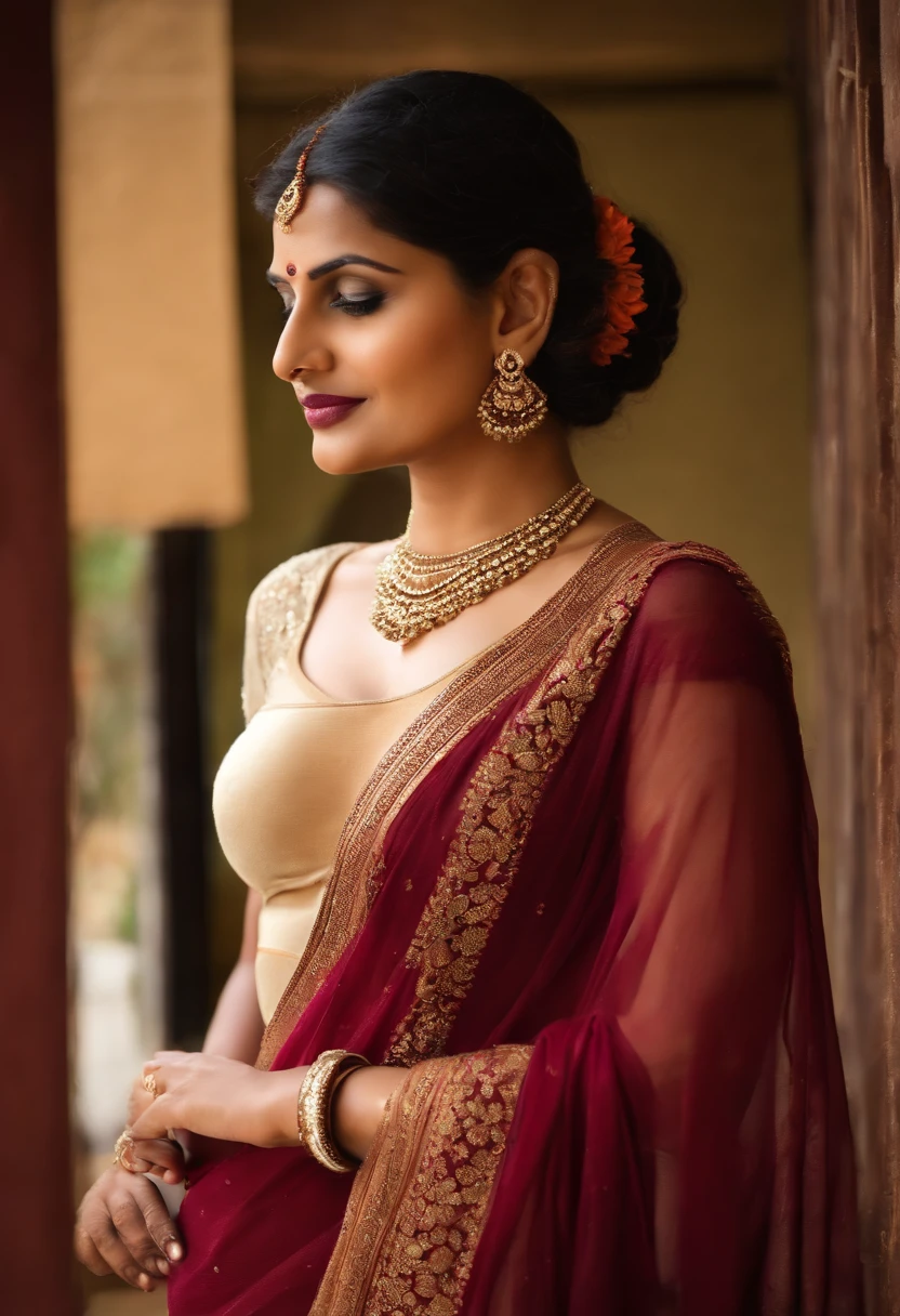 Bengali woman, 30, solo, goddess, beautiful, 8K, ultra-high quality, sharp focus. Wearing a vibrant red silk saree with gold embroidery, her hair is styled in elegant curls. She has a smooth, white complexion and is making eye contact with the camera.