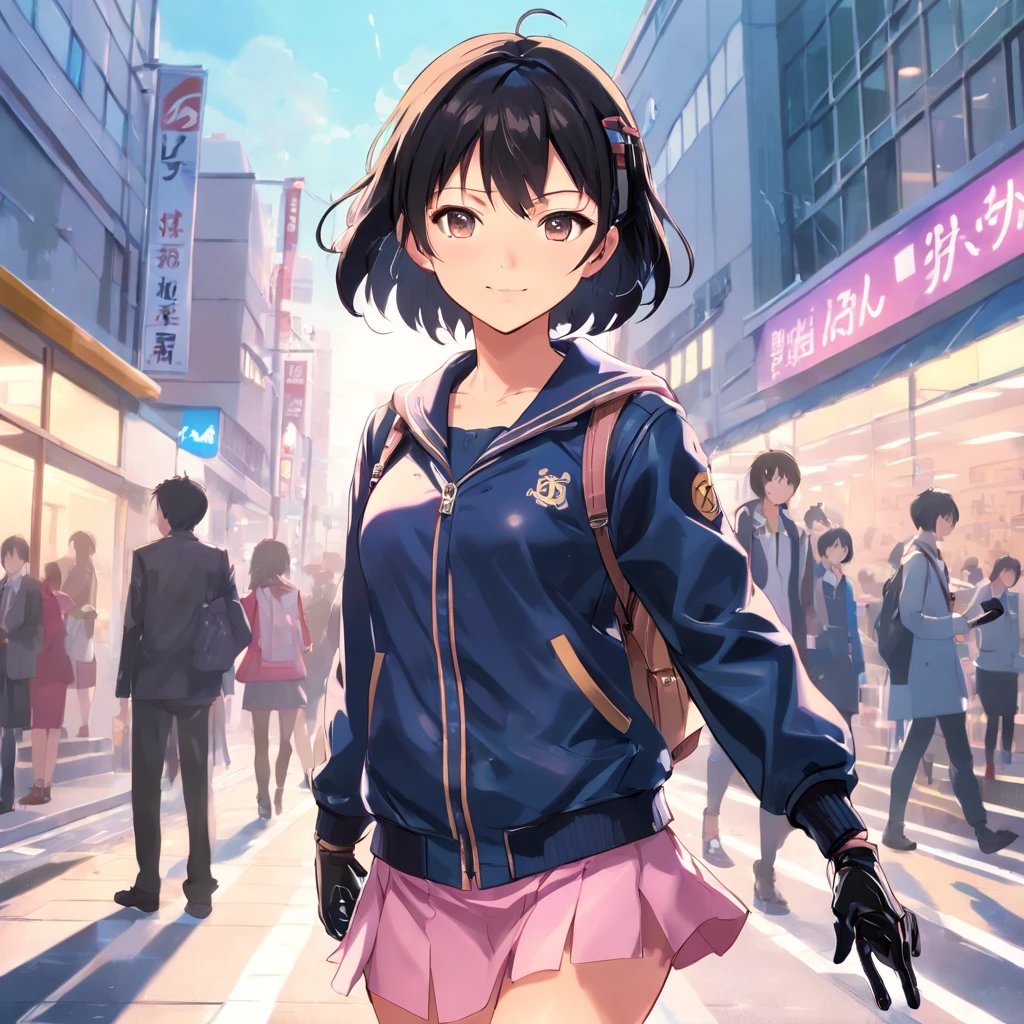 ((((Five Fingers)))), ((masutepiece)), (((Best Quality))), ((Ultra-detailed face)), super-detaild skin, Ultra-detailed eyes, ((Photorealistic)), ((((Five Fingers)))), full boby, Perfect Anatomy, Smile, ((Japan modern schoolgirl in uniform and pink cute coat)), (((Japan high school girl wearing dark black leather gloves on both hands))), Mini skirt, Bare legs, (((High school girl with hand microphone))), Full body, In modern Tokyo, Photo, Street Interviews, 18year old, Modern makeup, Cute, Adult schoolgirl, Shiny hair, Black hair, short-hair,Looking through the bangs, Black hair, Portrait