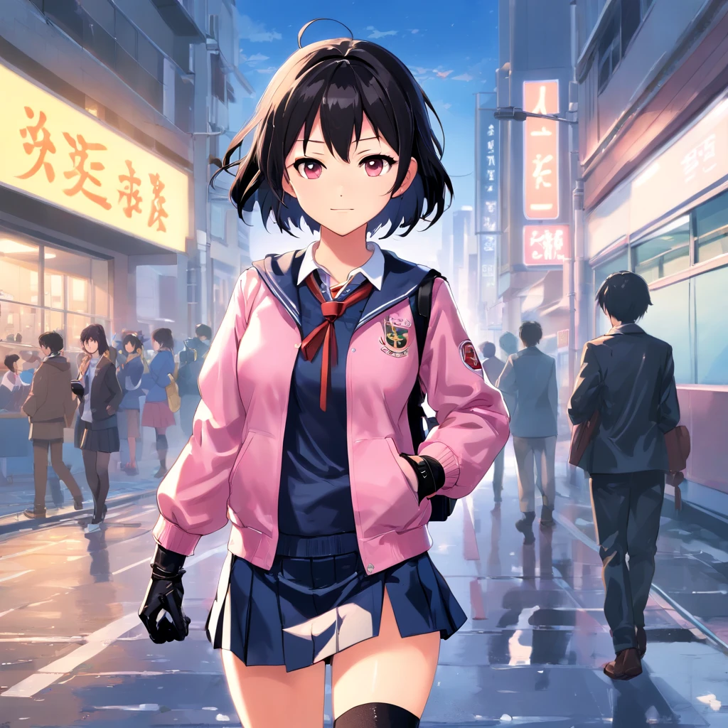 ((((Five Fingers)))), ((masutepiece)), (((Best Quality))), ((Ultra-detailed face)), super-detaild skin, Ultra-detailed eyes, ((Photorealistic)), ((((Five Fingers)))), full boby, Perfect Anatomy, Smile, ((Japan modern schoolgirl in uniform and pink cute coat)), (((Japan high school girl wearing dark black leather gloves on both hands))), Mini skirt, Bare legs, (((High school girl with hand microphone))), Full body, In modern Tokyo, Photo, Street Interviews, 18year old, Modern makeup, Cute, Adult schoolgirl, Shiny hair, Black hair, short-hair,Looking through the bangs, Black hair, Portrait