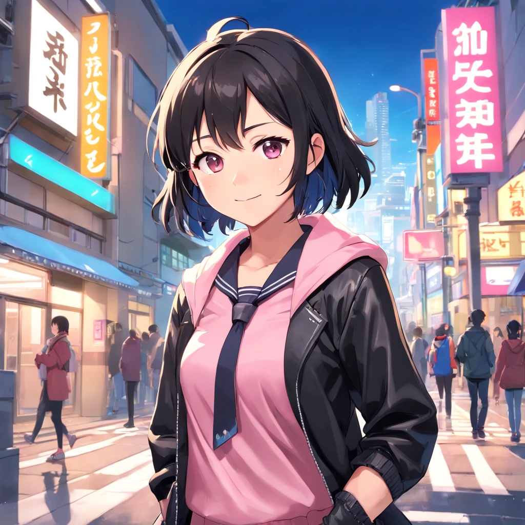 ((((Five Fingers)))), ((masutepiece)), (((Best Quality))), ((Ultra-detailed face)), super-detaild skin, Ultra-detailed eyes, ((Photorealistic)), ((((Five Fingers)))), full boby, Perfect Anatomy, Smile, ((Japan modern schoolgirl in uniform and pink cute coat)), (((Japan high school girl wearing dark black leather gloves on both hands))), Mini skirt, Bare legs, (((High school girl with hand microphone))), Full body, In modern Tokyo, Photo, Street Interviews, 18year old, Modern makeup, Cute, Adult schoolgirl, Shiny hair, Black hair, short-hair,Looking through the bangs, Black hair, Portrait