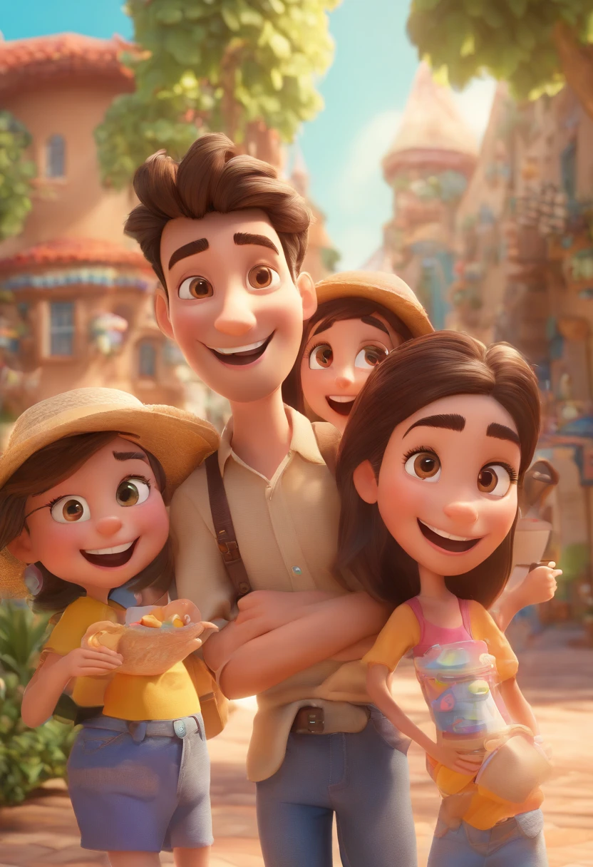 Cartoon of friends having fun on vacation together,  3D Animation Movie Poster, Poster de filme animado, pixar 3 d animation style, pixar renderman rendering, maia 8 mil, animated film, Disney Pixar Estilo 3D, amigos felizes saem juntos, all wearing light blue shirts and cream brown long pants, camisa azul clara, cream brown pants, ao ar livre, vacation, Disney Pixar Animation Poster