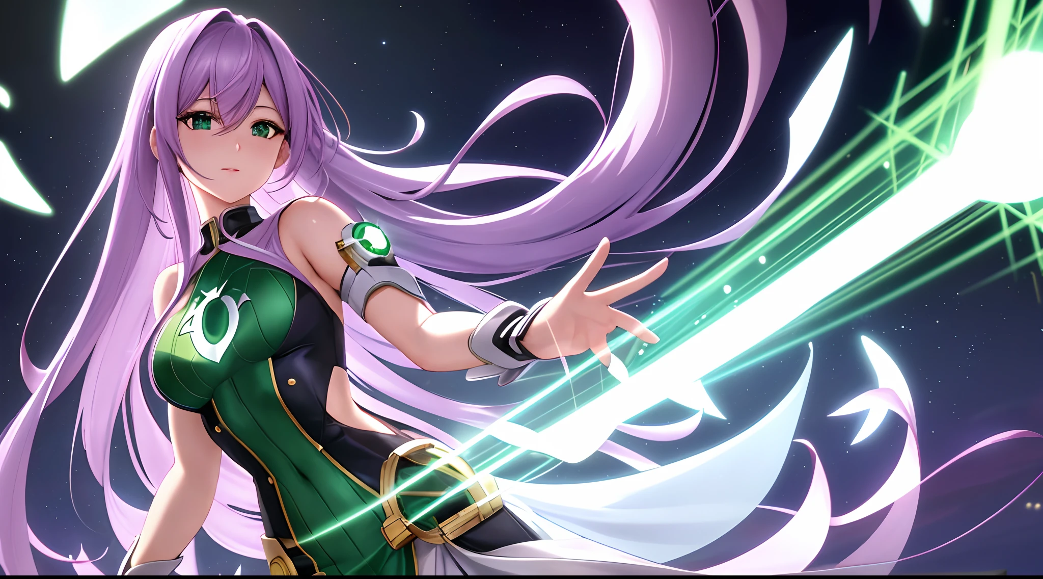 Athena with plain long light purple hair,hair between eyes,green eyes,rosy cheeks,full lips,thin eyebrows,slender body,wearing dc's green lantern costume and full long skirt,cute anime girl,full body,crystals palace in background,anime style,extremely deep depth of field,Lumen Reflections,Screen Space Reflections,Diffraction Grading,Chromatic Aberration,GB Displacement,Scan Lines,Ray Traced,Anti-Aliasing,FXAA,TXAA,RTX,SSAO,Shaders,OpenGL-Shaders, GLSL-Shaders,Post Processing,Post-Production,cell Shading,Tone Mapping,CGI,VFX,SFX,insanely detailed and intricate, 4K,standing, solo, masterpiece, best quality, detailed face, detailed eyes, highres, standing, solo,masterpiece, best quality