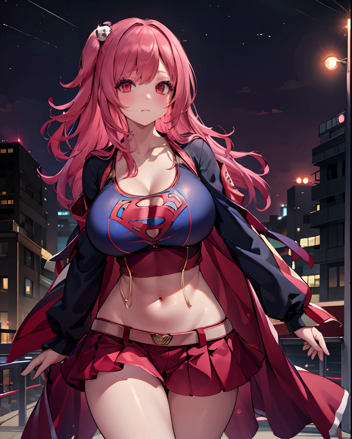 honokabkn, 1girl, breasts, solo, huge breasts, looking at viewer, blush, closed mouth, standing, cleavage, skindentation, supergirl outfit, pink hair, red eyes, city, night city