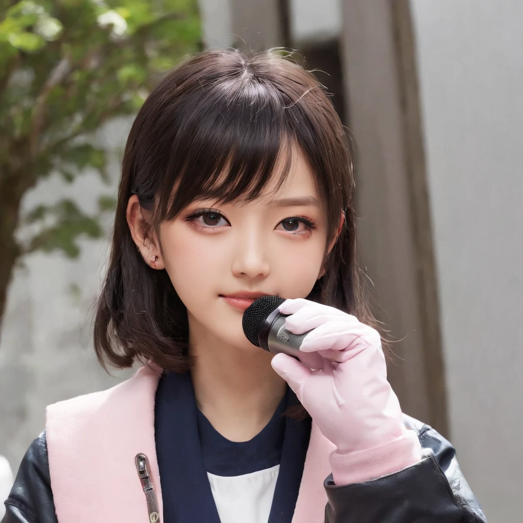 ((((Five Fingers)))), ((masutepiece)), (((Best Quality))), ((Ultra-detailed face)), super-detaild skin, Ultra-detailed eyes, ((Photorealistic)), ((((Five Fingers)))), full boby, Perfect Anatomy, Smile, ((Japan modern schoolgirl in uniform and pink cute coat)), (((Japan high school girl wearing dark black leather gloves on both hands))), Mini skirt, Bare legs, (((High school girl with hand microphone))), Full body, In modern Tokyo, Photo, Street Interviews, 18year old, Modern makeup, Cute, Adult schoolgirl, Shiny hair, Black hair, short-hair,Looking through the bangs, Black hair, Portrait