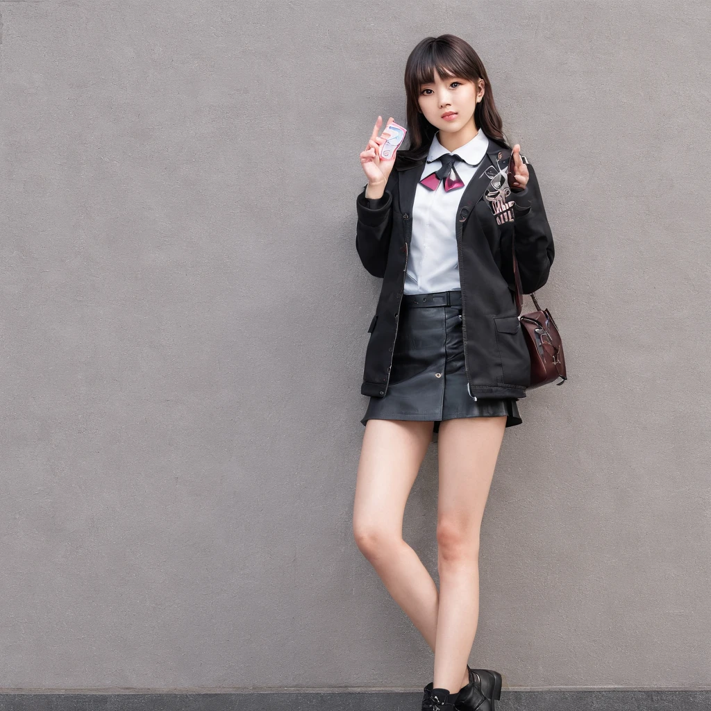 ((((Five Fingers)))), ((masutepiece)), (((Best Quality))), ((Ultra-detailed face)), super-detaild skin, Ultra-detailed eyes, ((Photorealistic)), ((((Five Fingers)))), full boby, Perfect Anatomy, Smile, ((Japan modern schoolgirl in uniform and pink cute coat)), (((Japan high school girl wearing dark black leather gloves on both hands))), Mini skirt, Bare legs, (((High school girl with hand microphone))), Full body, In modern Tokyo, Photo, Street Interviews, 18year old, Modern makeup, Cute, Adult schoolgirl, Shiny hair, Black hair, short-hair,Looking through the bangs, Black hair, Portrait