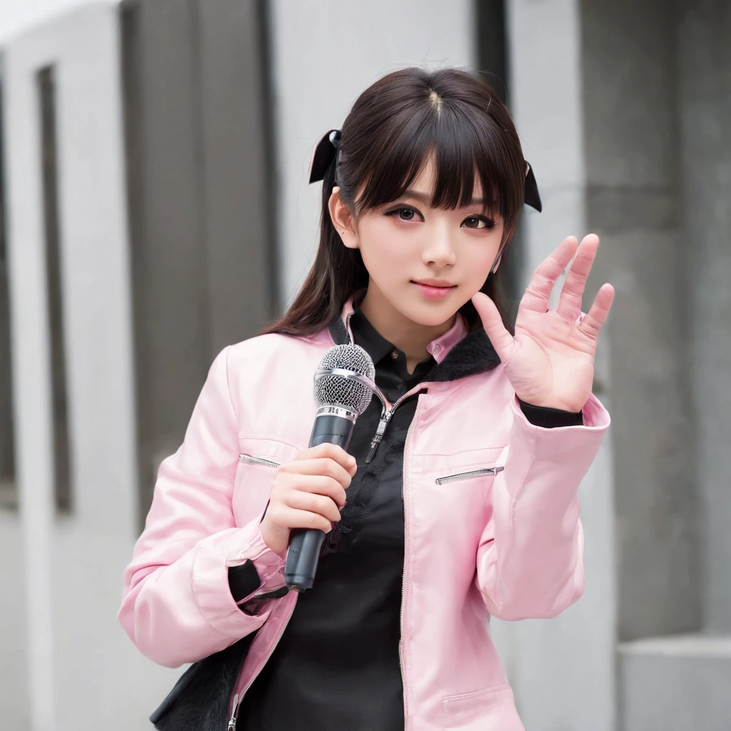 ((((Five Fingers)))), ((masutepiece)), (((Best Quality))), ((Ultra-detailed face)), super-detaild skin, Ultra-detailed eyes, ((Photorealistic)), ((((Five Fingers)))), full boby, Perfect Anatomy, Smile, ((Japan modern schoolgirl in uniform and pink cute coat)), (((Japan high school girl wearing dark black leather gloves on both hands))), Mini skirt, Bare legs, (((High school girl with hand microphone))), Full body, In modern Tokyo, Photo, Street Interviews, 18year old, Modern makeup, Cute, Adult schoolgirl, Shiny hair, Black hair, short-hair,Looking through the bangs, Black hair, Portrait