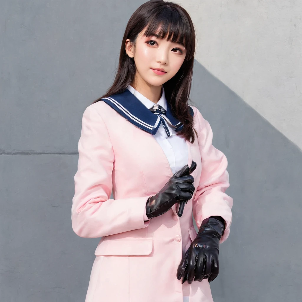 ((((Five Fingers)))), ((masutepiece)), (((Best Quality))), ((Ultra-detailed face)), super-detaild skin, Ultra-detailed eyes, ((Photorealistic)), ((((Five Fingers)))), full boby, Perfect ???????, Smile, ((Japan modern schoolgirl in uniform and pink cute coat)), (((Japan high school girl wearing dark black leather gloves on both hands))), Mini skirt, Bare legs, (((High school girl with hand microphone))), Full body, In modern Tokyo, Photo, Street Interviews, 18year old, Modern makeup, Cute, Adult schoolgirl, Shiny hair, Black hair, short-hair,Looking through the bangs, Black hair, Portrait