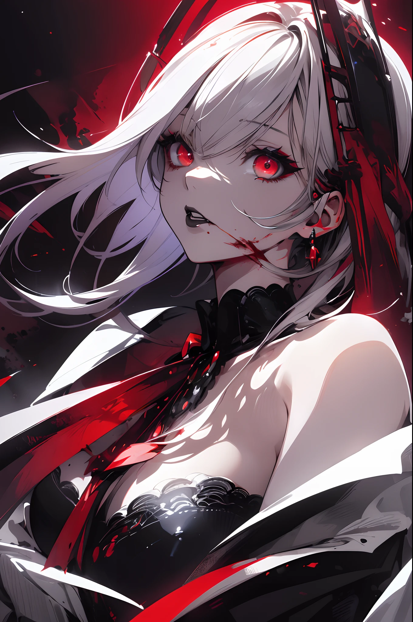 1girl ,white hair, pale fur beast ,red beautiful clothes, (high resolution, high detail, best quality),blank background, alone, median breast, weapon, bear, pink eyes, happy
