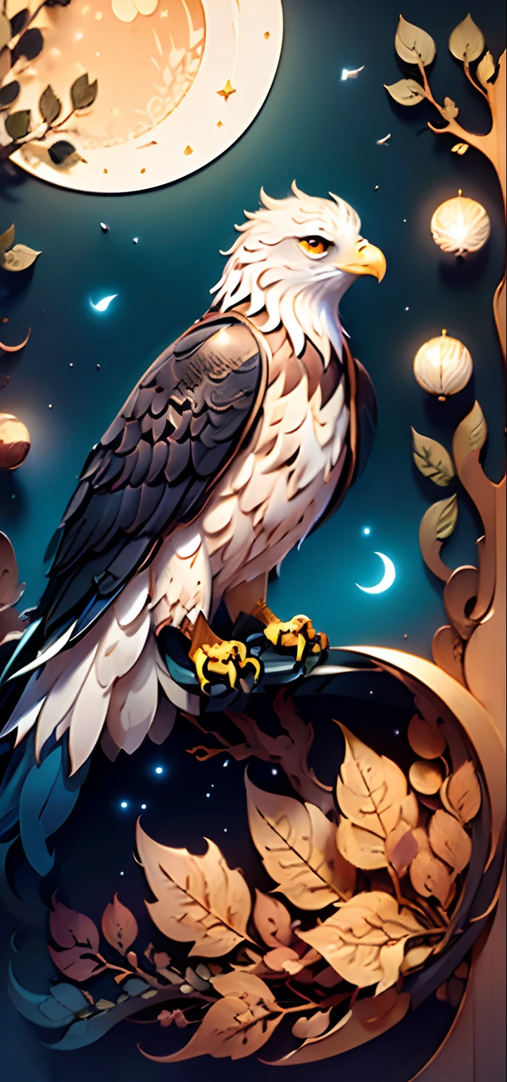 (((Masterpiece))),Best quality,illustration,beautiful,Detailed,shine,paper_cut,eagle,tree,moon,