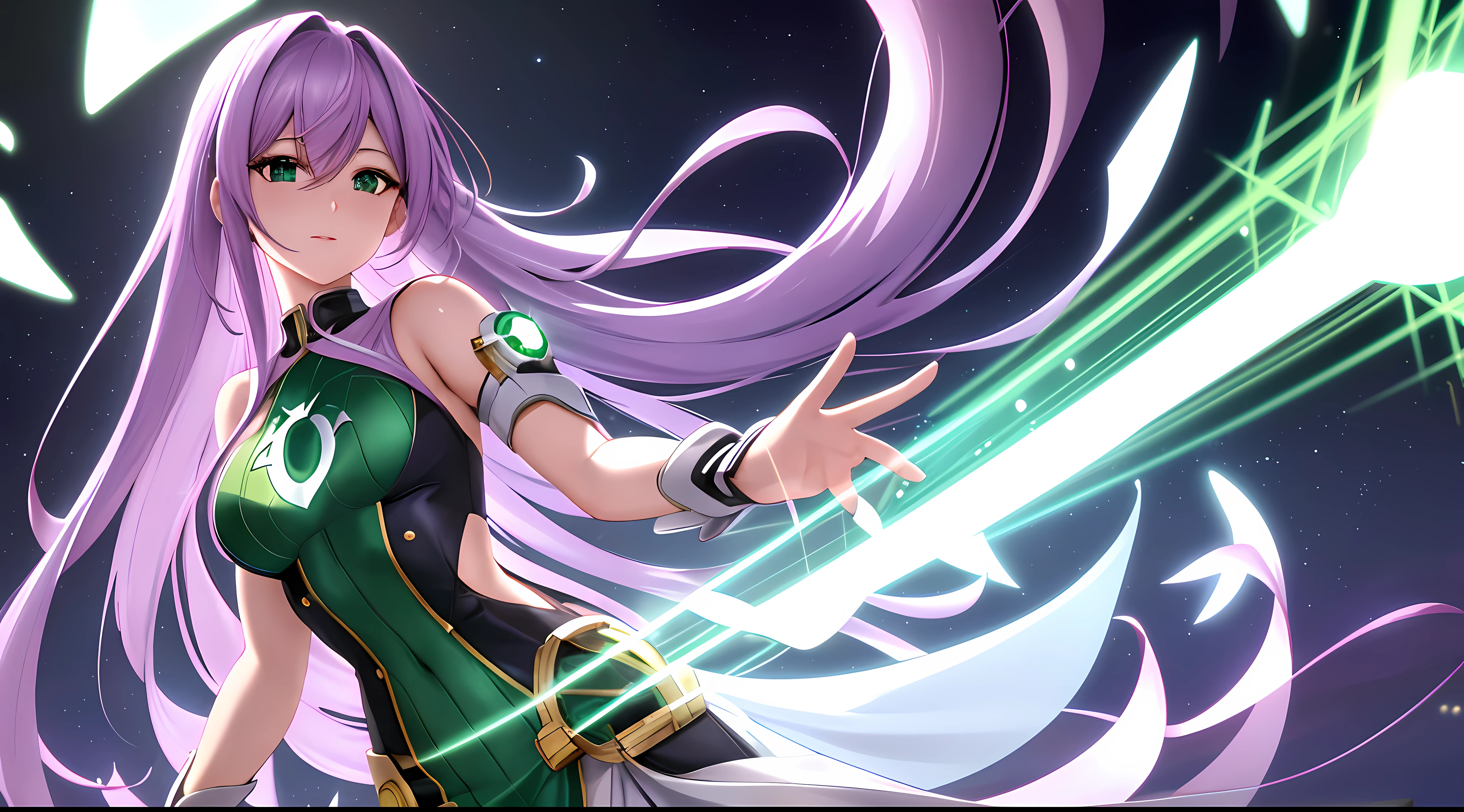 Athena with plain long light purple hair,hair between eyes,green eyes,rosy cheeks,full lips,thin eyebrows,slender body,wearing dc's green lantern costume and full long skirt,cute anime girl,full body,crystals palace in background,anime style,extremely deep depth of field,Lumen Reflections,Screen Space Reflections,Diffraction Grading,Chromatic Aberration,GB Displacement,Scan Lines,Ray Traced,Anti-Aliasing,FXAA,TXAA,RTX,SSAO,Shaders,OpenGL-Shaders, GLSL-Shaders,Post Processing,Post-Production,cell Shading,Tone Mapping,CGI,VFX,SFX,insanely detailed and intricate, 4K,standing, solo, masterpiece, best quality, detailed face, detailed eyes, highres, standing, solo,masterpiece, best quality