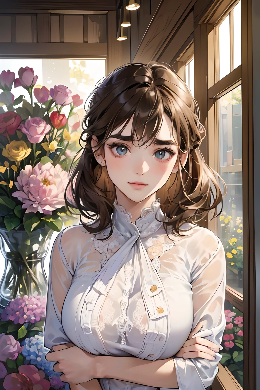 (masutepiece, Digital Art, Digital Illustration, 4K, 8K, Ultra-detailed, beautiful image, Sharp Image, Photorealistic, Raw photo, Perfect face, Perfect lines, Perfect eyes, Soft lighting) 1 woman, (lightbrown hair,Chignon Hair,Innocent look,drooping eyebrows,drooing eyes,with round face,Innocence,cute little,big eye,natural make up,kindly smile,huge tit,23 y-o woman:1.3),Two handsome men in suits, (ember,Men in suits,well-muscled,Firm shoulder width,Adult male,Boyish hairstyle,Man in his 30s with a cool expression,28-year-old man with bright smile:1.2),Flower Shop,In the storefront of a florist,Flower Cottage,colorful flower,Skinny Denim,Lace white shirt,Rough knit,(Nervous,be shy,sleepy,embarrassed from:1.1),Open your thin mouth,Standing picture,floral arrangements,innocent smiles