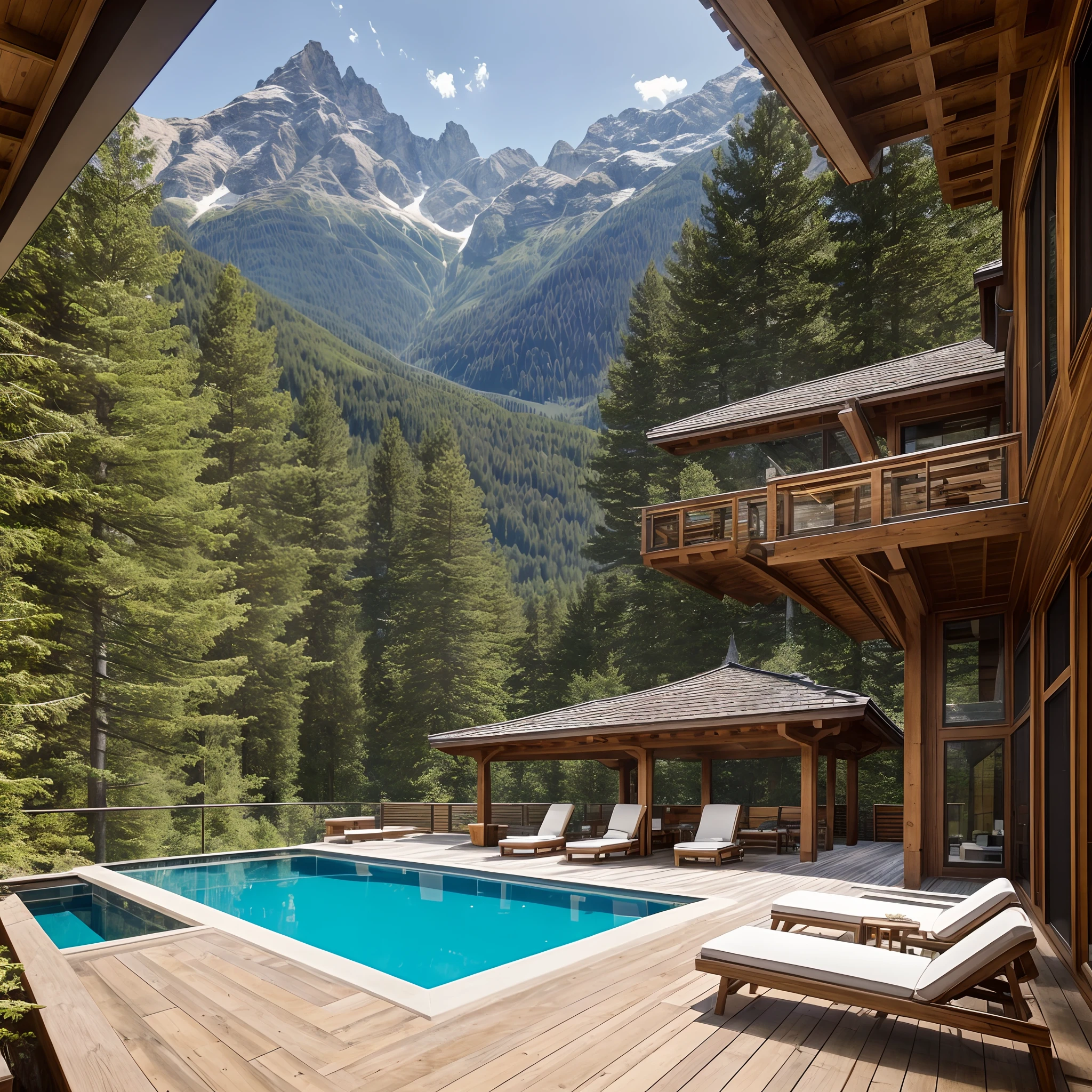 Alpine Swimming Pool
Style: Natural Elegance
Exterior: This Alpine swimming pool is a stunning addition to the chalet's outdoor amenities. Surrounded by natural stone, the pool features an infinity edge that seems to merge with the breathtaking mountain scenery.
Decor: A wooden pool deck with comfortable loungers, alpine flowers in planters, and a cozy poolside cabana provide the perfect setting for relaxation.
Atmosphere: It's a space that combines natural beauty with alpine elegance, offering a refreshing dip while taking in the majestic surroundings.