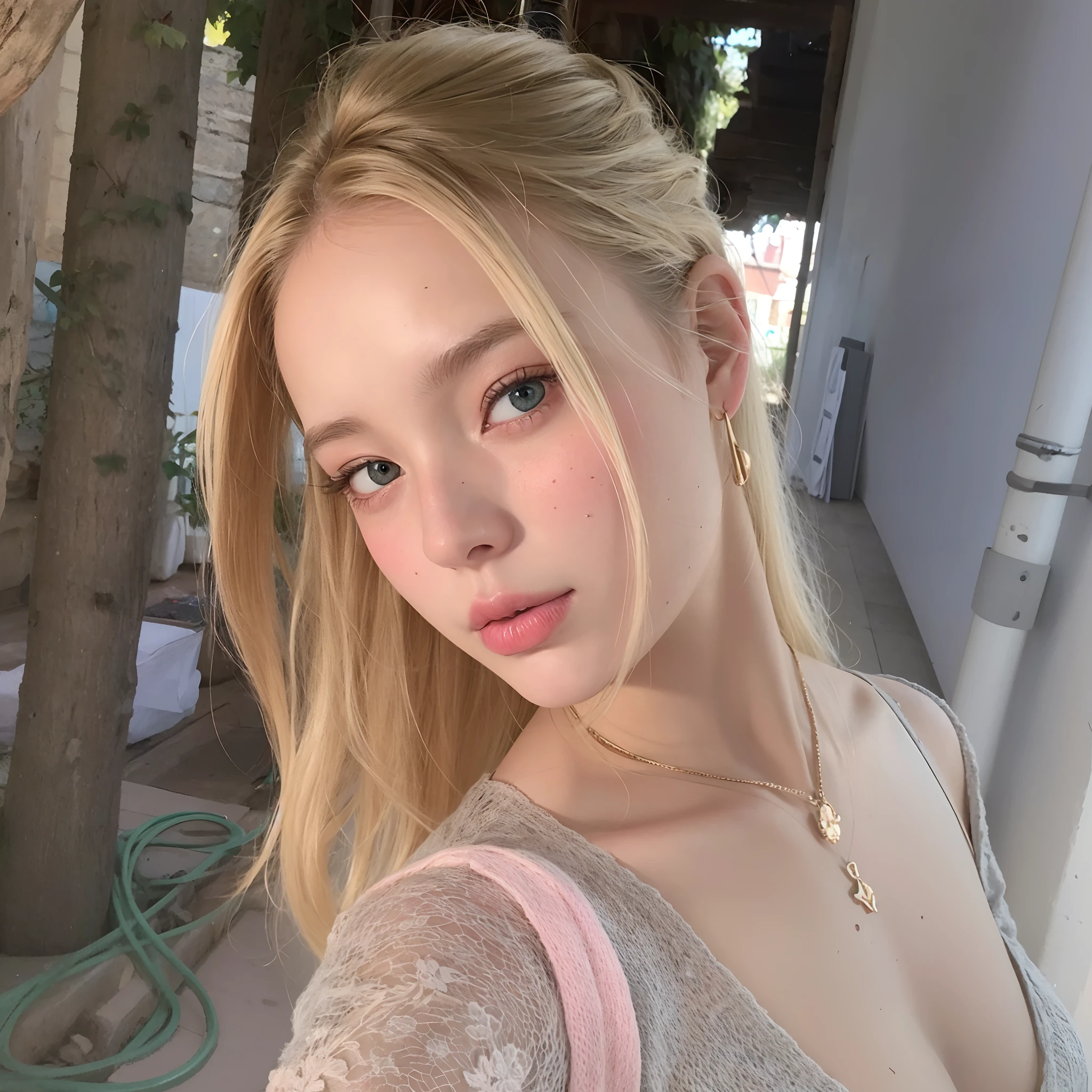 23-year-old blonde girl, senos ligeramente grandes, pale skin and wavy blonde hair. Ojos grandes de iris celestes, con labial rojo suave. Small nose and voluptus lips with features just like those of Kim Ruby Jennie, a member of blackpink
