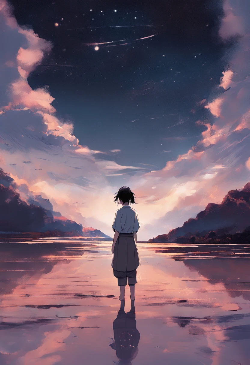 20 year old Japanese woman standing in front of the night sky With short black hair in a mullet style