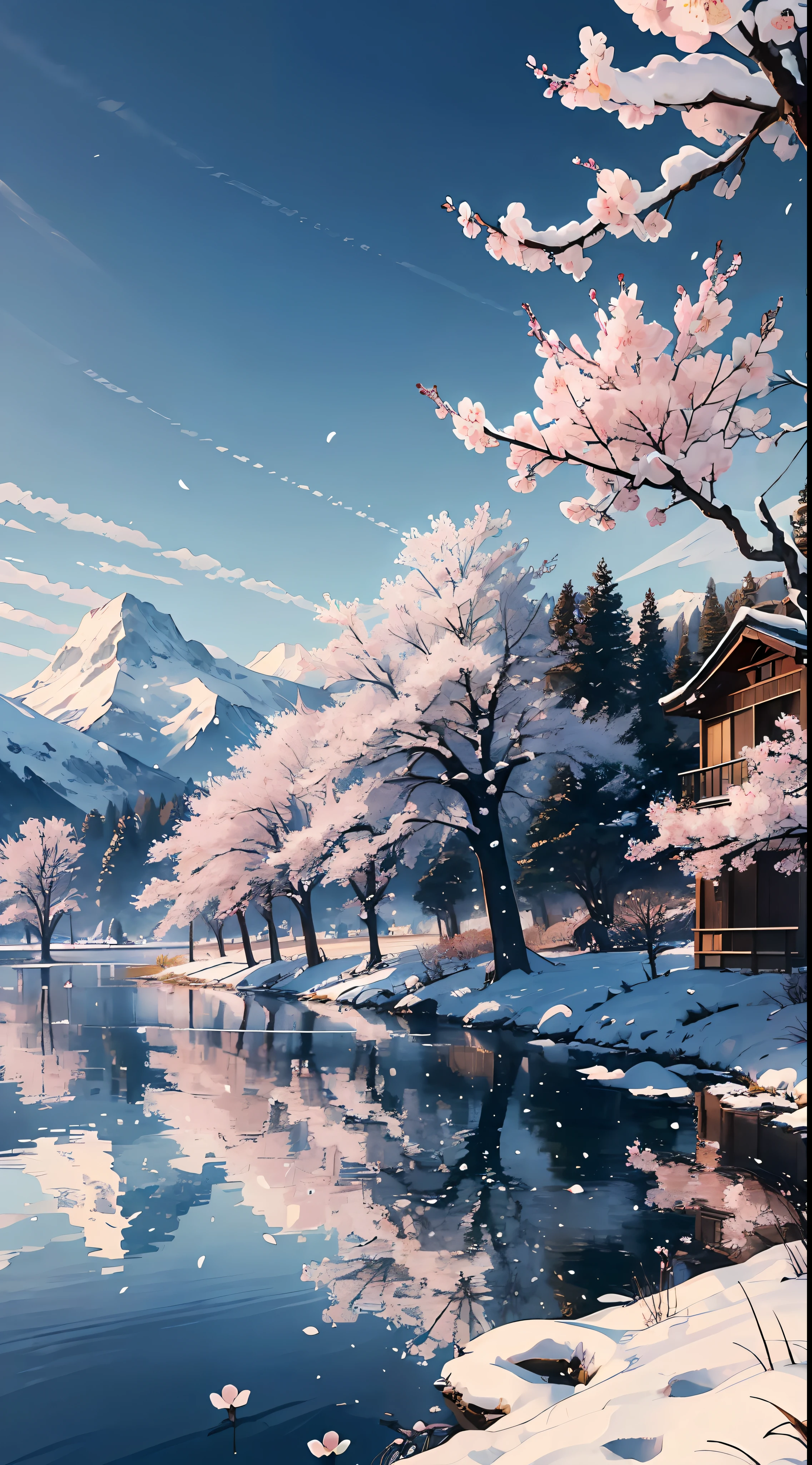 Masterpiece, high-rise building, original, very detailed 8K wallpaper, very delicate and beautiful, (nature: 1.2), (vast grassland), (cherry blossoms: 0.5), (mountain top | snow: 0.7), (lake: 0.7) (reasonable), beautiful detailed sky, masterpiece, wide angle, movie lighting, beautiful details water, no people, detailed background