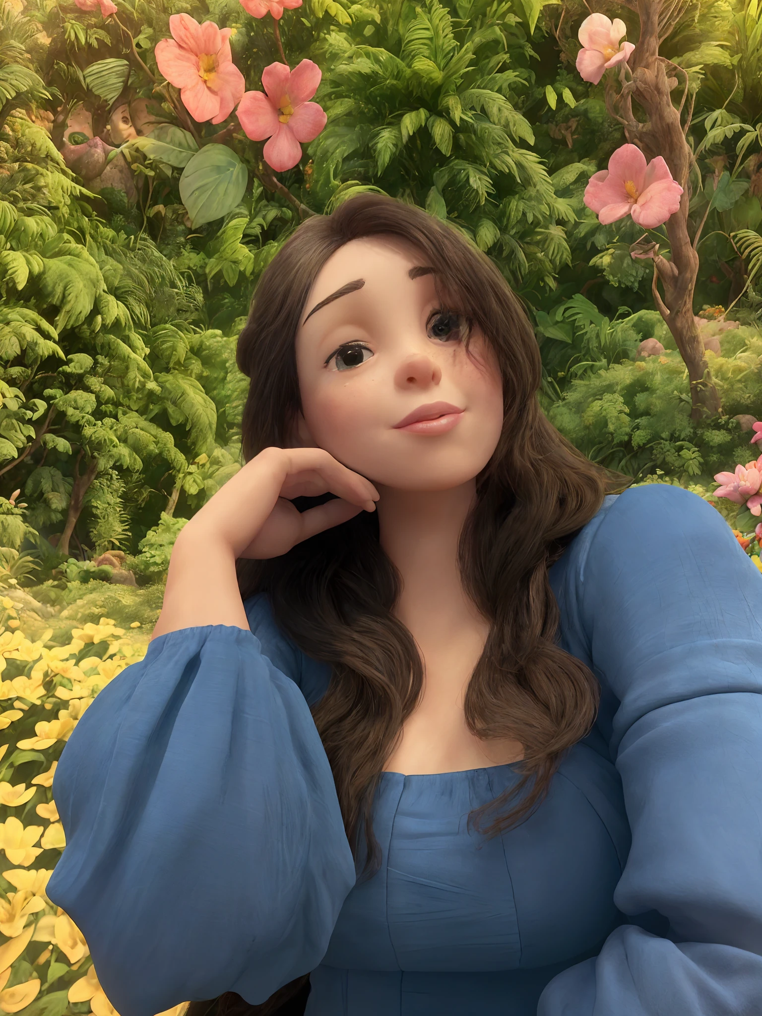 mulher arafed sentada em um banco em frente a uma parede de flores, coberto de plantas, Violeta Myers, ao lado de uma planta, Alanis Guillen, looking to the side off camera, imagem de perfil, Retrato tirado 8 K, Ayahausca, selfie de uma jovem mulher, Mulher brasileira bonita, Pose casual, top azul , foto da mulher jovem
