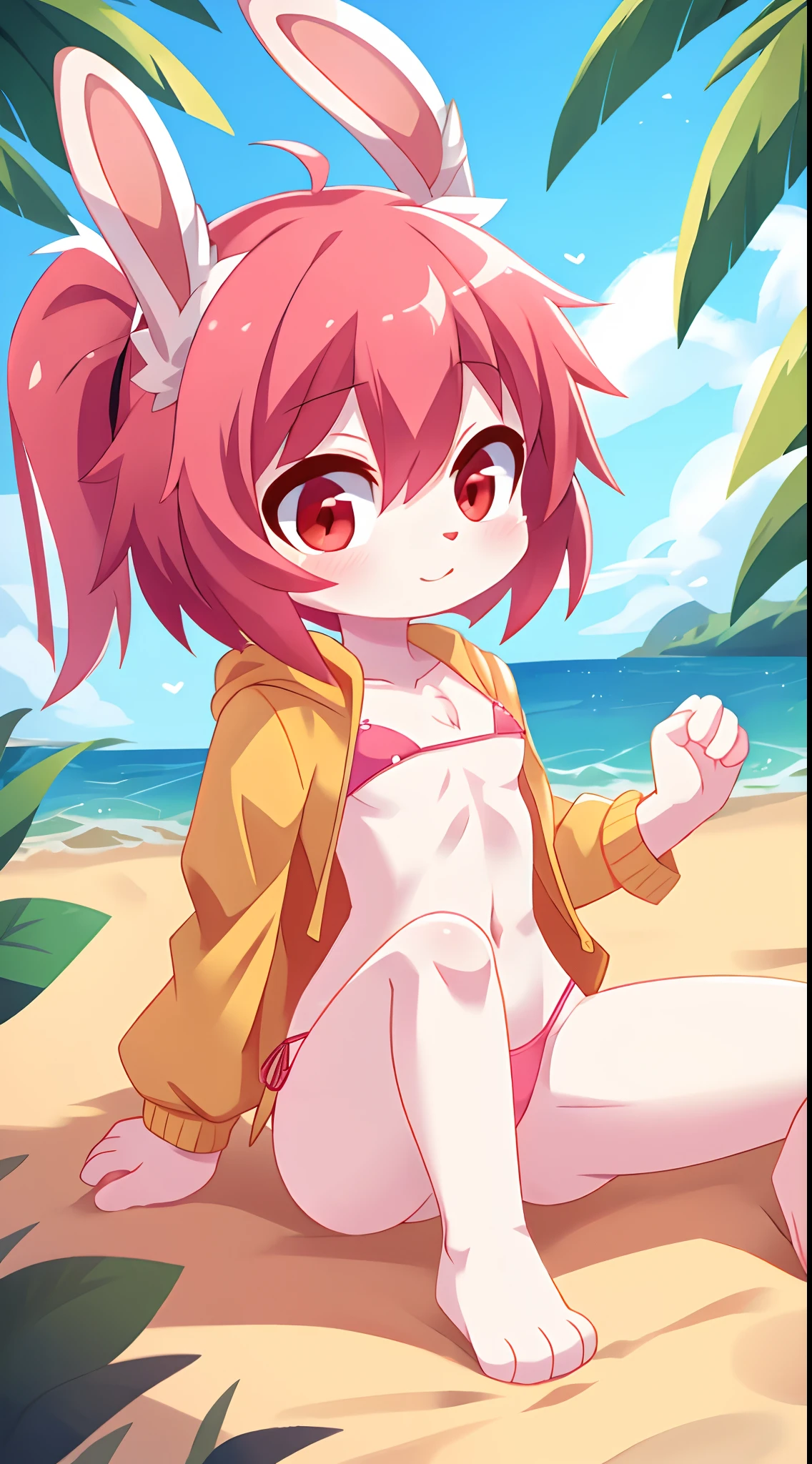 furry girl, young, rabbit, pink hair, emo hairstyle, long ponytail, anime style, flat chest, small breasts, red eyes, yellow hoodie jacket, open clothes, pink bikini, beach, high quality, detailed body, detailed eyes, detailed face, masterpiece, glistening body, detailed body fur, best quality, one tone body fur, white body fur, skinny, rabbit ears, feets whit three toes, full body, :3, looking at you,