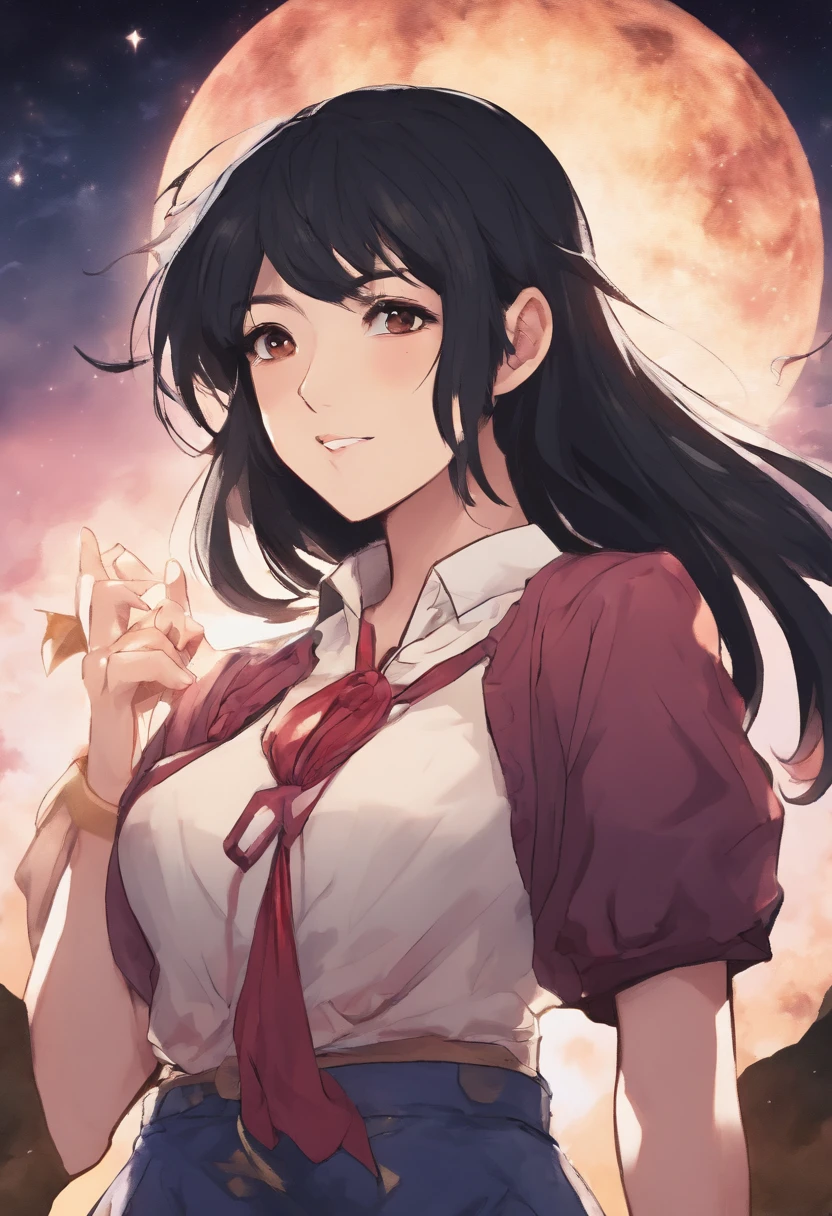 20 year old Japanese woman standing in front of the night sky With short black hair in a mullet style