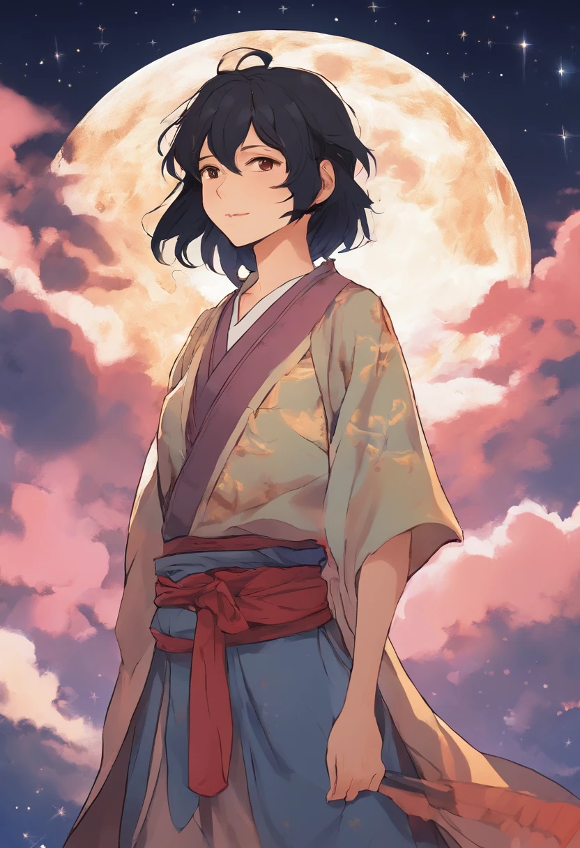 20 year old Japanese woman standing in front of the night sky With short black hair in a mullet style