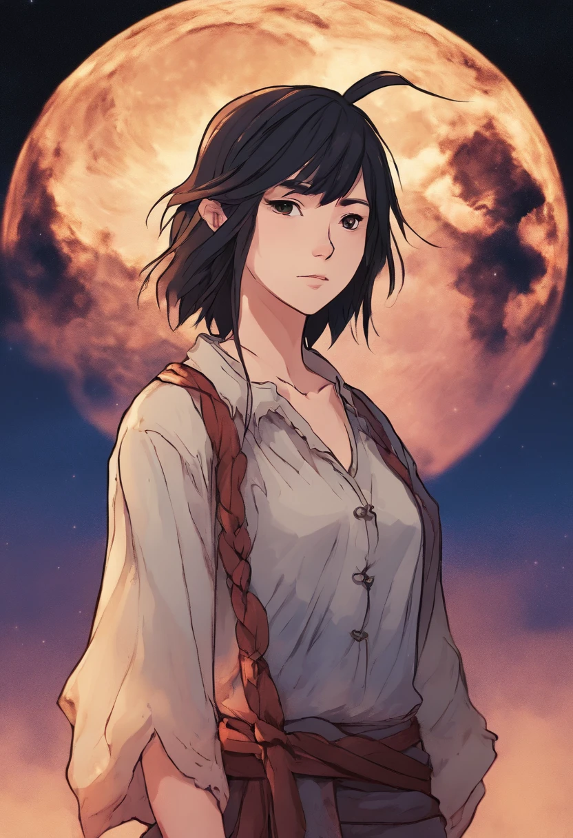 20 year old Japanese woman standing in front of the night sky With short black hair in a mullet style