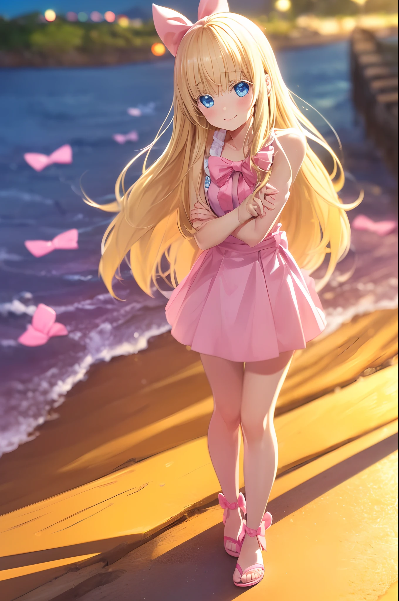 (((Cute blonde woman, long hair with pink bow, Blue eyes))), pink cute bikini, 8k, shy smiling, pink lips, pink sandals, pink nails, in beach at night, cute pose