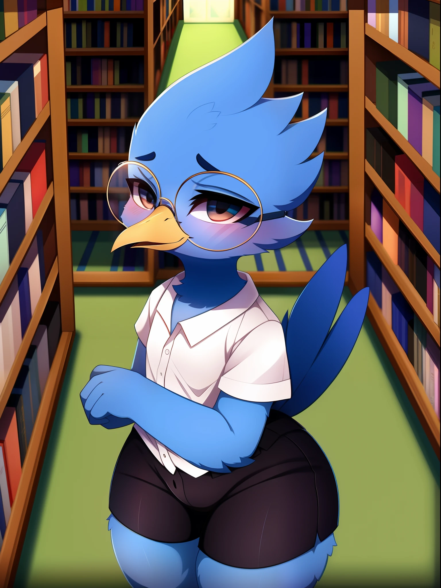 Berdly from Deltarune, professional art made by twistedscarlett60, male, avian, bird, avian tail, bird tail, blue body, blue feathers, feathery, blue skin, fully blue skin, completely blue skin, fully blue body, artist:twistedscarlett60, round glasses, thighs, thick thighs, big butt, black pants, white shirt, library, school library, pretty eyes, standing up, looking back, half-closed eyes, smile,