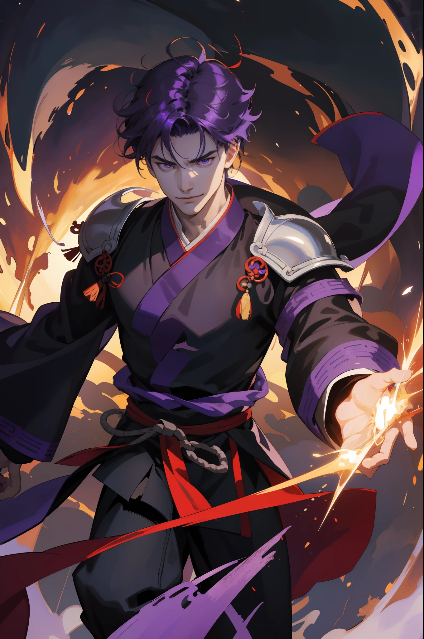 mtu,ancient Chinese costume,Armor of the Three Kingdoms,There is dark and purple hair, Hanfu,Ancient Chinese patterns,Fair skin, Medieval black clothes, Purple and gold, Purple pupils, Handsome young man, The scenery is completely on black flames,The are very prominent, Medieval pants, Scenery in black flames (purple), With an expression of anger and uncontrollability, Black fire in his hands, Masterpiece, 4 k comic wallpaper, young anime man, Anime boys, Anime wallpapers 4 k, Anime wallpaper 4K, High quality anime art style, Anime moe art style, Anime art wallpaper 8 K, Anime art wallpaper 4 K, RGB lighting,Masterpiece, Best quality, High quality, Anatomically correct,High details, Super detail, 1080p, hyper HD,(absurderes, A high resolution, ultra - detailed), 1 man, mature, There is a manhood, tall muscular, Handsome, finely quality eyes, Complicated details, sportrait, (bloody scars:0.7), Overlooking, 独奏, Half shot, detailedbackground, (victorian theme:1.1)、A firm smile、Battle Priest、Hovering in the air、bright clouds、Floating garbage、Combat posture、Colored chain mail、A holy blow、Bright, Realistic lighting、Burning village、hooding、Armory、Hair flutters in the wind,