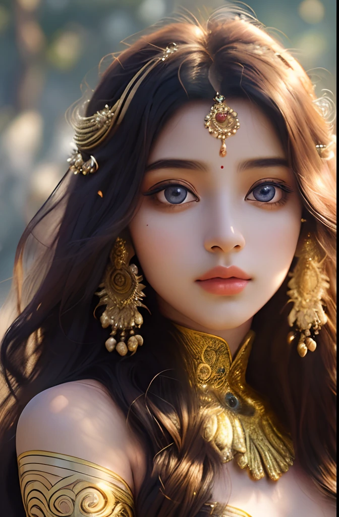 (best quality,photorealistic,portrait:1.2),beautiful detailed eyes,luscious lips,long flowing hair with intricate details,graceful pose,[gold dress],vivid colors,Indian scenes,Bengal School of Art,ethereal atmosphere,multi-layered textures,soft lighting