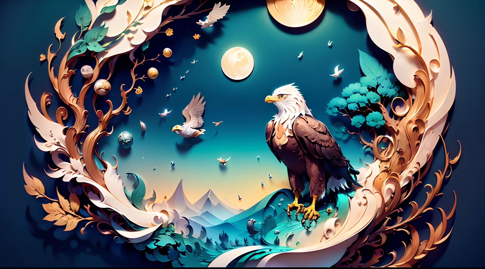(((Masterpiece))),Best quality,illustration,beautiful,Detailed,shine,paper_cut,eagle,tree,moon,