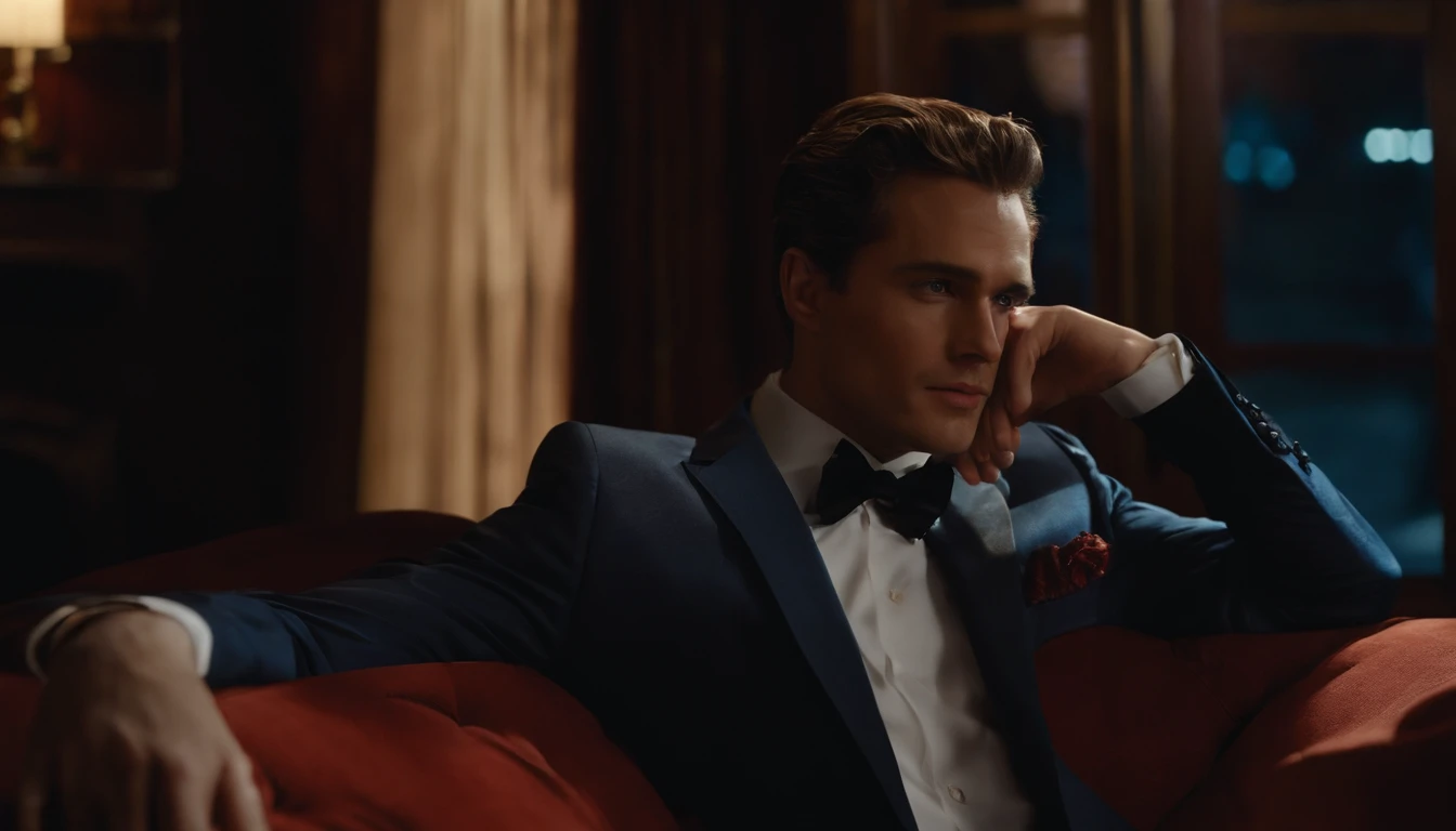 At night, the male lead is wearing a suit and sitting on the couch watching a movie. He is focused, with a loving look in his eyes.