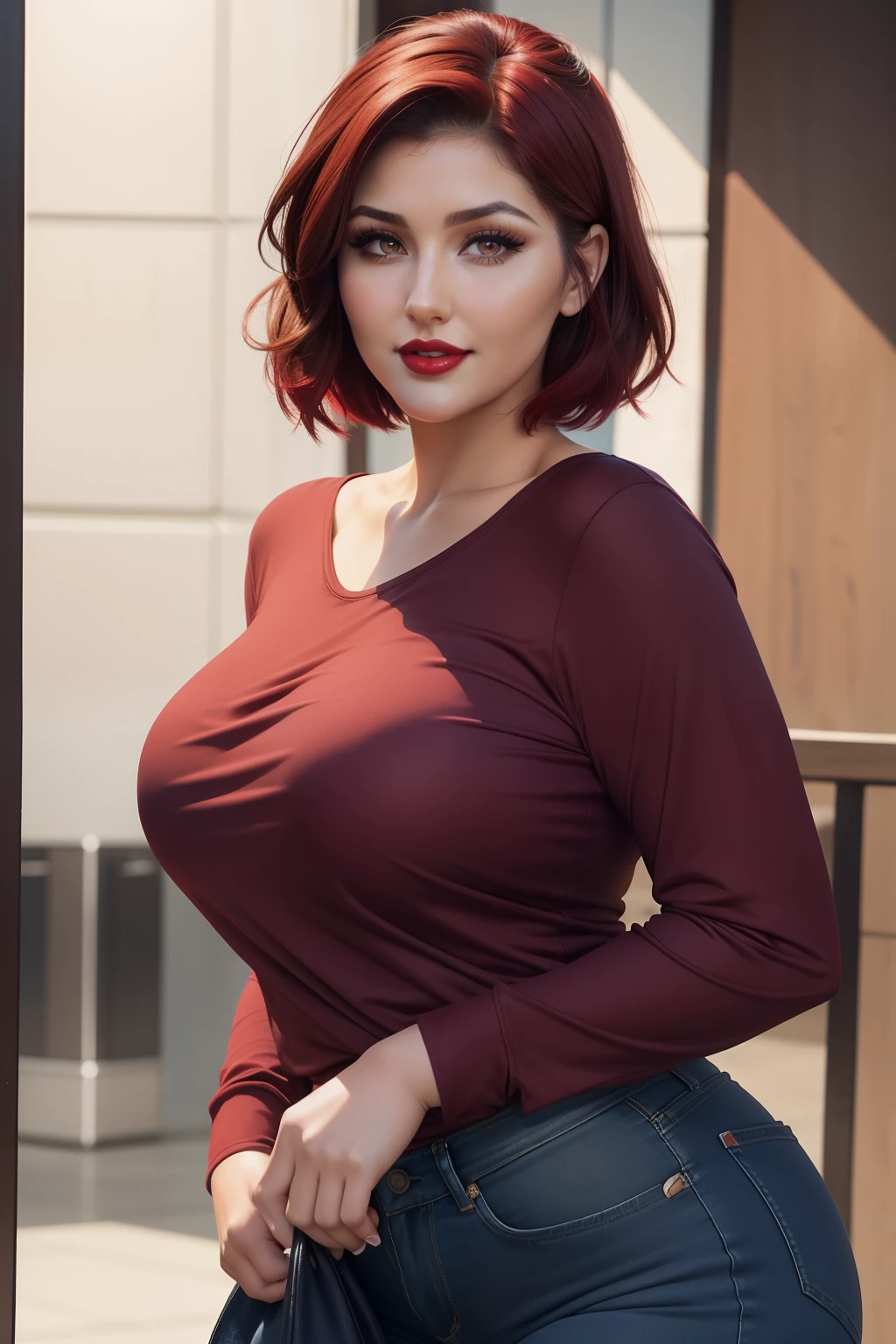 Lucy Pinder, Face portrait, face, Beautiful face, smiling, voluptuous woman, ((Very intense makeup)), ((red lipstick)), short hair, maroon hair, Hair tied in a bun, long sleeve t-shirt, t-shirt black, very large neckline, blue jeans, blue bag, ((chubby woman))