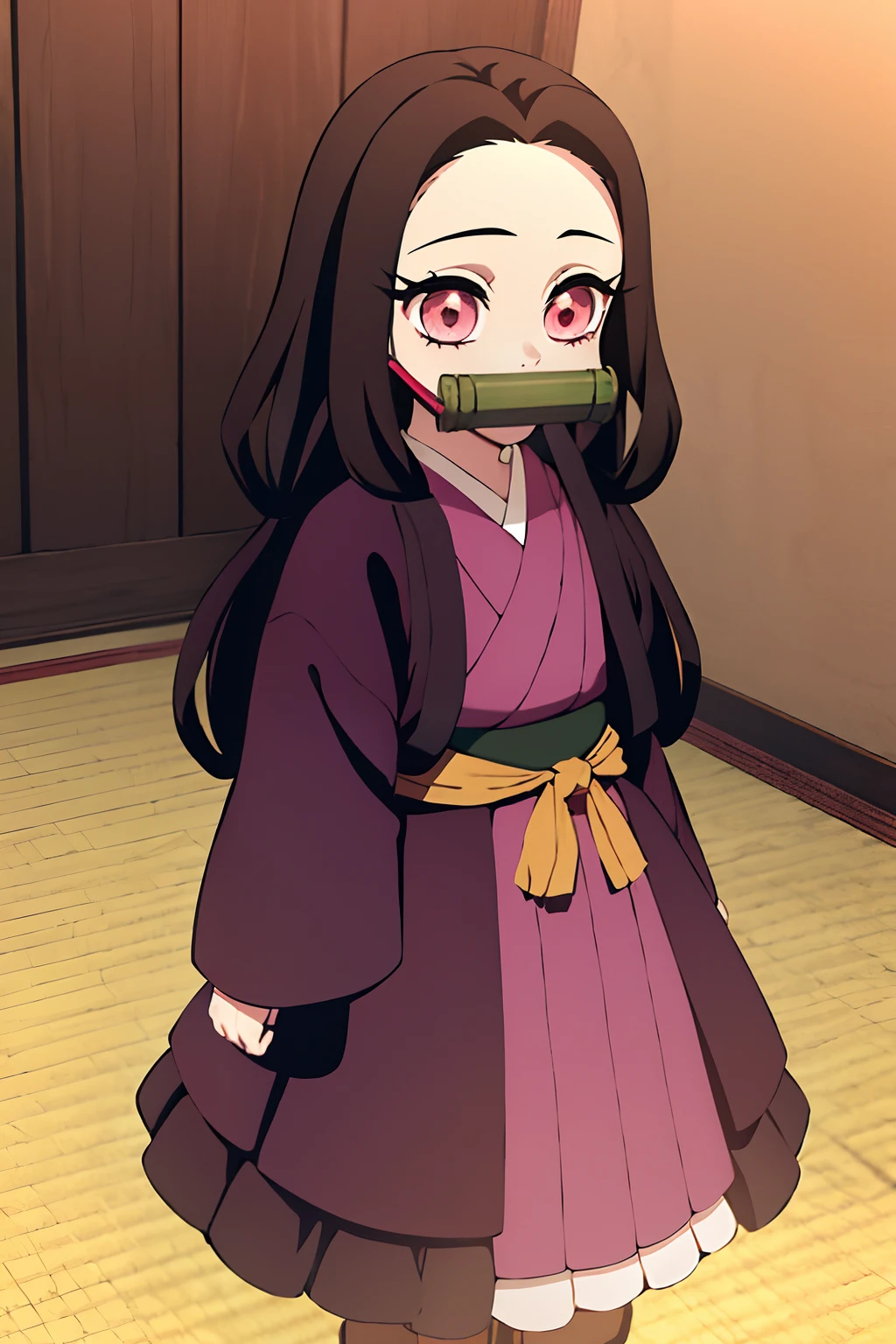 nezukokamado, nezuko kamado, bamboo, (bit gag:1.5), black hair, (forehead:1.5), gag, gagged, hair ribbon, long hair, multicolored hair, (pink eyes:1.5), orange hair, slit pupils, wavy hair, two-tone hair,
BREAK asa no ha (pattern), checkered sash, haori, japanese clothes, kimono, long sleeves, obi, pink kimono, sash, wariza,  wide sleeves,
BREAK looking at viewer,
BREAK indoors,
BREAK (masterpiece:1.2), best quality, high resolution, unity 8k wallpaper, (illustration:0.8), (beautiful detailed eyes:1.6), extremely detailed face, perfect lighting, extremely detailed CG, (perfect hands, perfect anatomy),