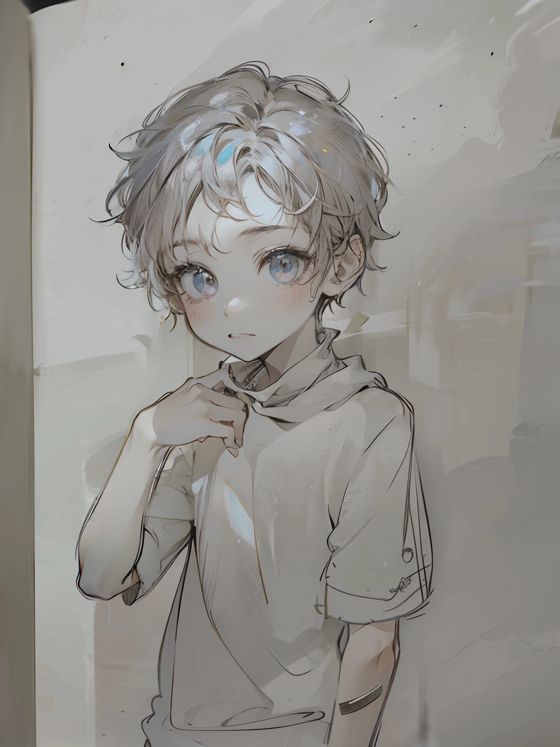 The boy has a bandage around his neck,brunette color hair