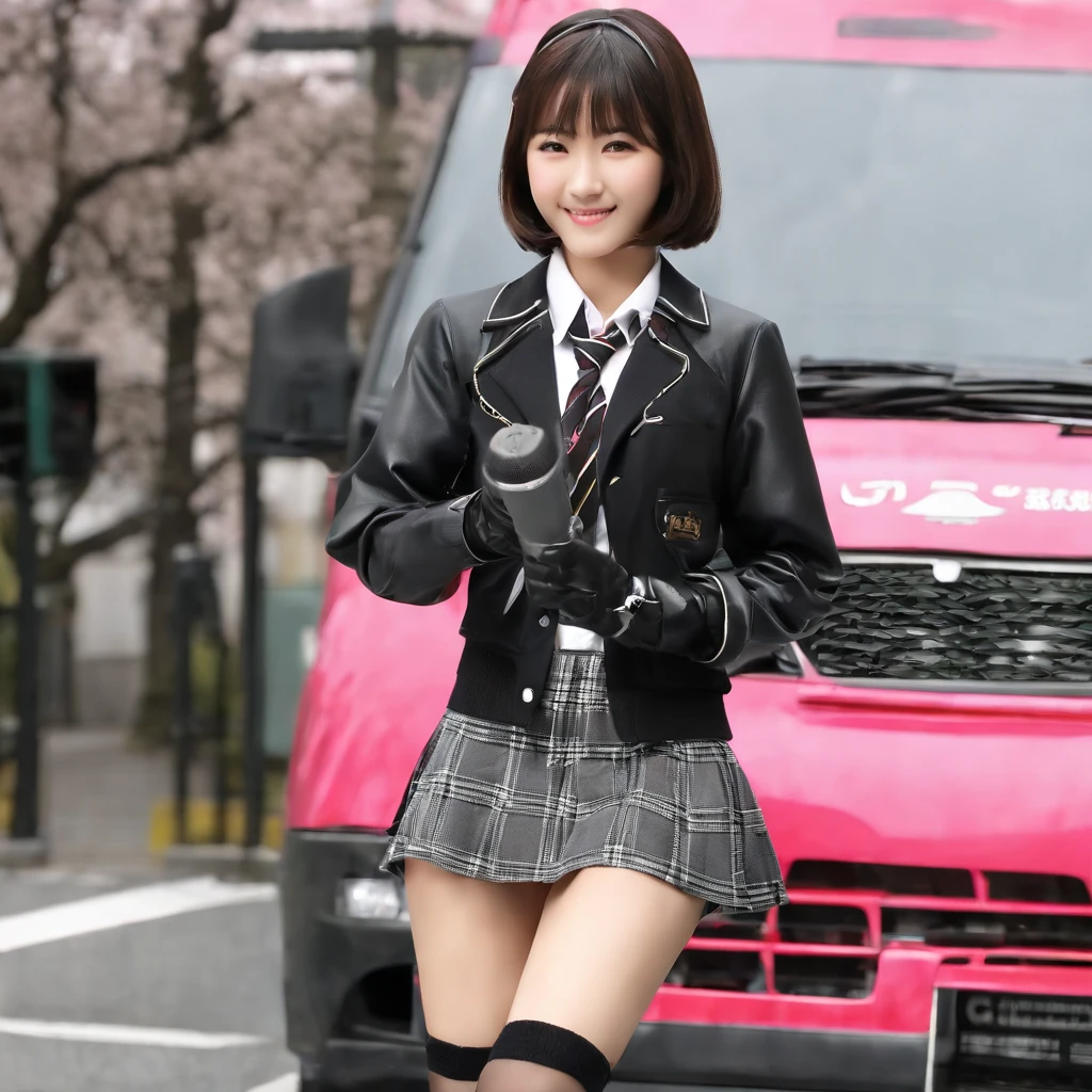 ((((Five Fingers)))), ((masutepiece)), (((Best Quality))), ((Ultra-detailed face)), super-detaild skin, Ultra-detailed eyes, ((Photorealistic)), ((((Five Fingers)))), full boby, Perfect Anatomy, Smile, ((Japan modern schoolgirl in uniform and pink cute coat)), (((Japan high school girl wearing dark black leather gloves on both hands))), Mini skirt, Bare legs, (((High school girl with hand microphone))), Full body, In modern Tokyo, Photo, Street Interviews, 18year old, Modern makeup, Cute, Adult schoolgirl, Shiny hair, Black hair, short-hair,Looking through the bangs, Black hair, Portrait