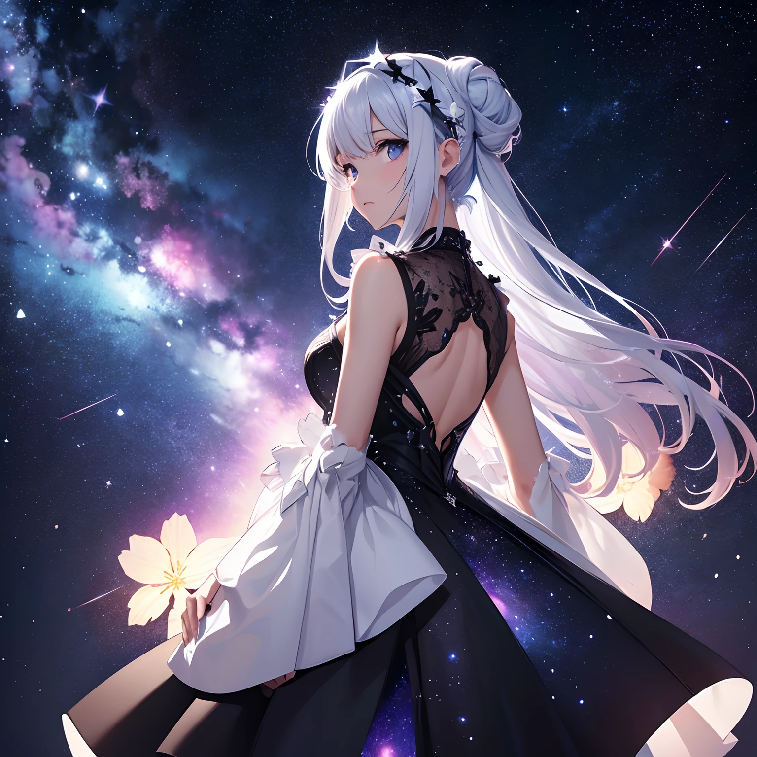 Fantastic starry sky、kosmos、Meteor swarm、black hole、Irridescent color））depth（（planetes））、A white dress with slits on the back and sides embroidered with a floral pattern that glows in iridescent colors、a beauty girl
