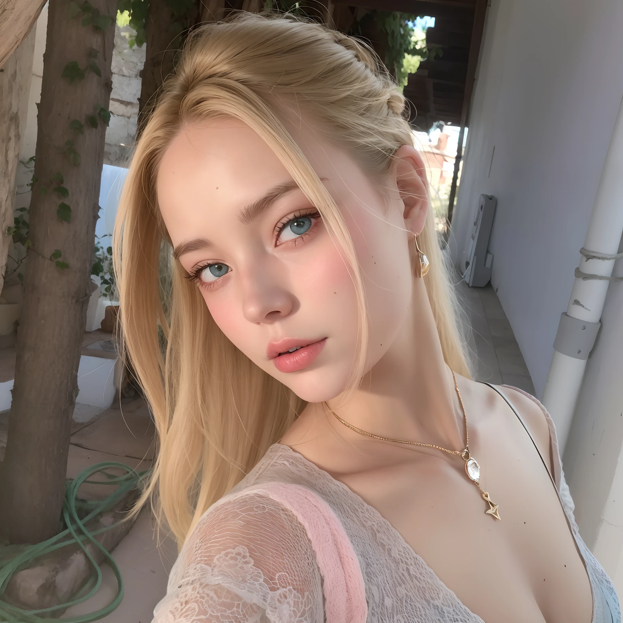 affectionate expression, red face, Shining eyes are bright light blue、very big eyes、the setting sun, big breast, There is a cleavage in the chest, Beautiful scandinavian young bright blonde girl, attractive pose, Norwegian teenage bright blonde girl, best quality, muste piece, high_there is nothing, 1 girl, hair ornament, About the body, Tyndall effect, realistic photo, edge lighting, two tone lighting, (high detailed skin:1.2), 8K UHD, digital single lens reflex, soft lighting, high quality, volumetric lighting, Frank, photograph, high resolution, In 4K, 8K, blonde hair, huge breasts, the setting sun, There is a cleavage in the chest, white camisole, pink short panties, very long hair,bangs between eyes、one-eyed hair、Extremely pure white skin、cheek gloss highlight、small face beauty、very pure white skin