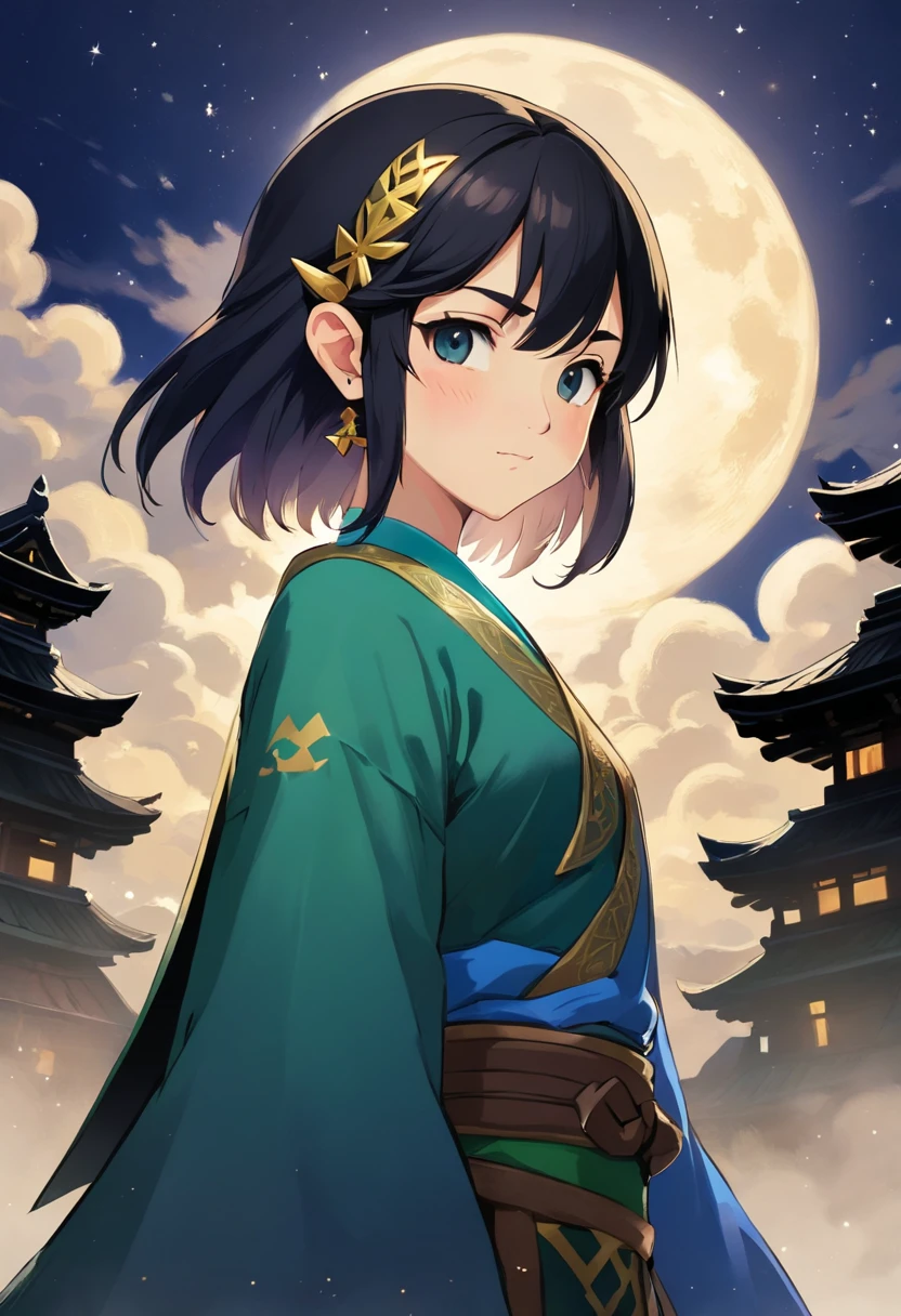20 year old Japanese woman standing in front of the dark night sky With short black hair in a mullet style