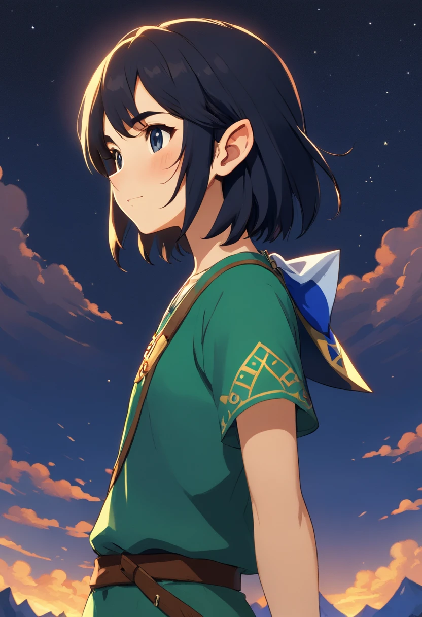 20 year old Japanese woman standing in front of the dark night sky With short black hair in a mullet style