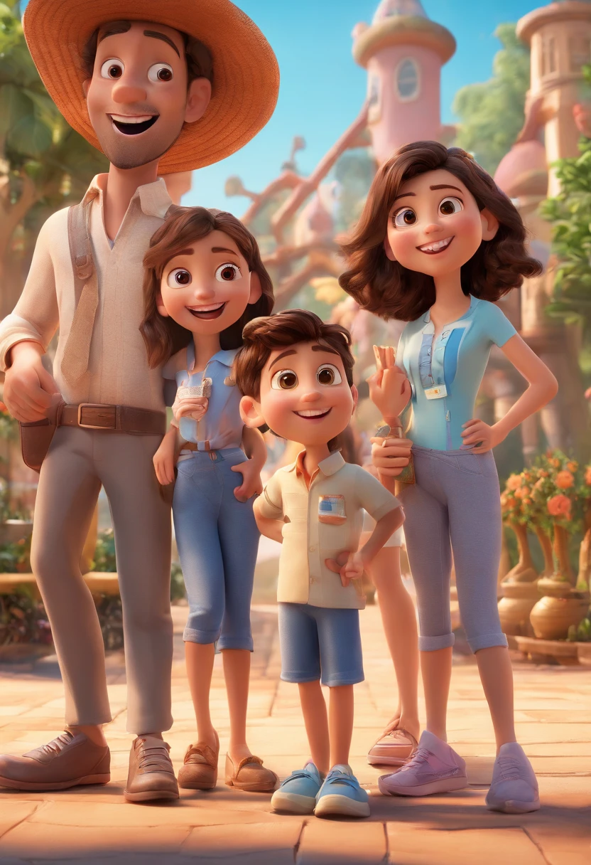 Cartoon of friends having fun on vacation together, 3D Animation Movie Poster, Poster de filme animado, pixar 3 d animation style, pixar renderman rendering, maia 8 mil, animated film, Disney Pixar Estilo 3D, amigos felizes saem juntos, all wearing light blue shirts and cream brown long pants, camisa azul clara, cream brown pants, ao ar livre, vacation, Disney Pixar Animation Poster
