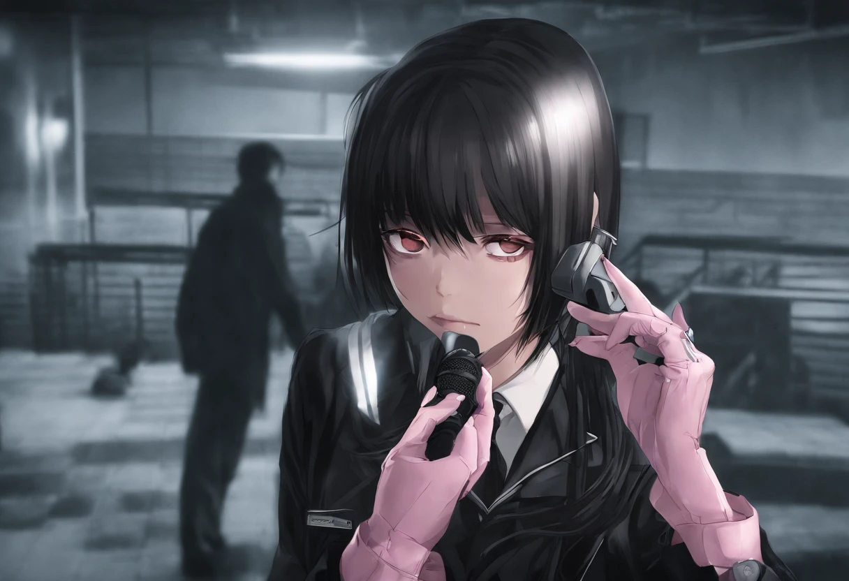((((Five Fingers)))), ((masutepiece)), (((Best Quality))), ((Ultra-detailed face)), super-detaild skin, Ultra-detailed eyes, ((Photorealistic)), ((((Five Fingers)))), full boby, Perfect Anatomy, Smile, ((Japan modern schoolgirl in uniform and pink cute coat)), (((Japan high school girl wearing dark black leather gloves on both hands))), Mini skirt, Bare legs, (((High school girl with hand microphone))), Full body, In modern Tokyo, Photo, Street Interviews, 18year old, Modern makeup, Cute, Adult schoolgirl, Shiny hair, Black hair, short-hair,Looking through the bangs, Black hair, Portrait