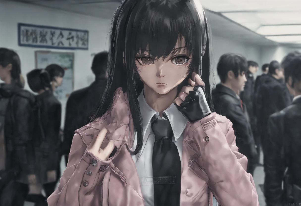 ((((Five Fingers)))), ((masutepiece)), (((Best Quality))), ((Ultra-detailed face)), super-detaild skin, Ultra-detailed eyes, ((Photorealistic)), ((((Five Fingers)))), full boby, Perfect Anatomy, Smile, ((Japan modern schoolgirl in uniform and pink cute coat)), (((Japan high school girl wearing dark black leather gloves on both hands))), Mini skirt, Bare legs, (((High school girl with hand microphone))), Full body, In modern Tokyo, Photo, Street Interviews, 18year old, Modern makeup, Cute, Adult schoolgirl, Shiny hair, Black hair, short-hair,Looking through the bangs, Black hair, Portrait