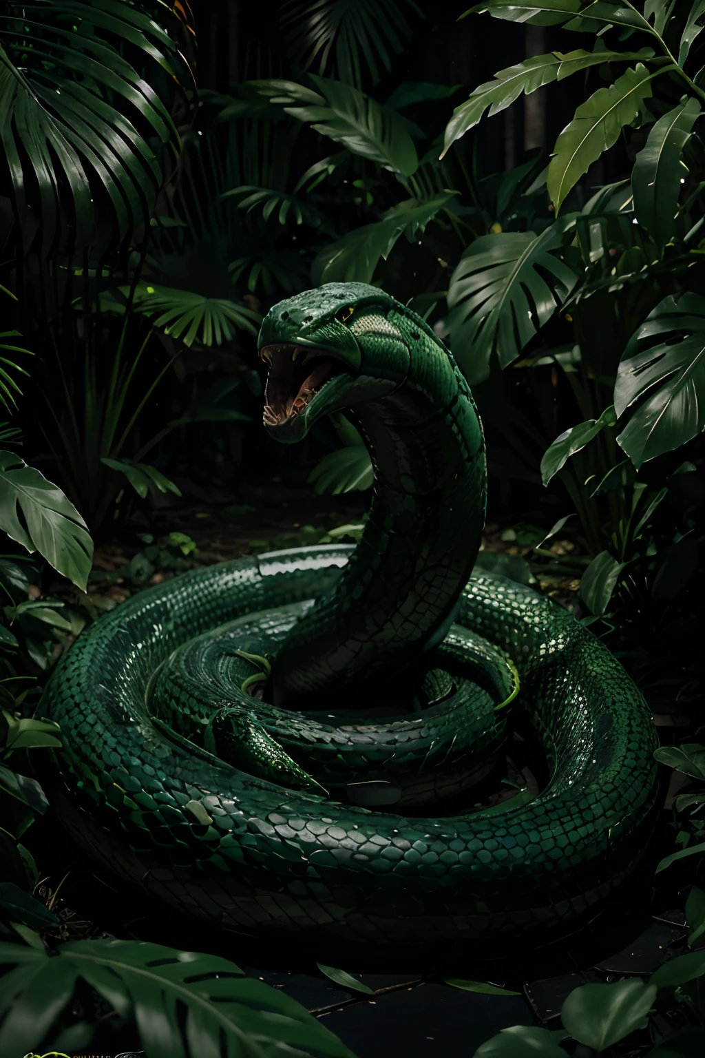 A deadly anaconda slithers through a lush jungle, its venomous fangs glistening in the sunlight. The anaconda's predatory eyes lock onto its prey, ready to strike with lightning speed. The intricate scales on its long, muscular body shimmer with a hint of menace. As the venomancer from Dota 2, the anaconda possesses an otherworldly aura, emanating from its serpentine form. The vibrant colors of the venomancer's abilities illuminate the dense foliage, casting an eerie glow across the scene. The lighting, a combination of dappled sunlight and ethereal bioluminescence, creates a captivating atmosphere. The venomous trails left behind by the anaconda's venomous attacks weave through the air, leaving an ominous impression. This masterpiece of a painting perfectly captures the intense and menacing presence of the anaconda and the venomancer, with ultra-detailed scales and mesmerizing lighting effects. The realistic rendering of both the jungle environment and the venomancer's abilities add to the immersive nature of the artwork. It is a high-res, breathtaking piece that showcases the terrifying beauty of the anaconda and the venomancer.