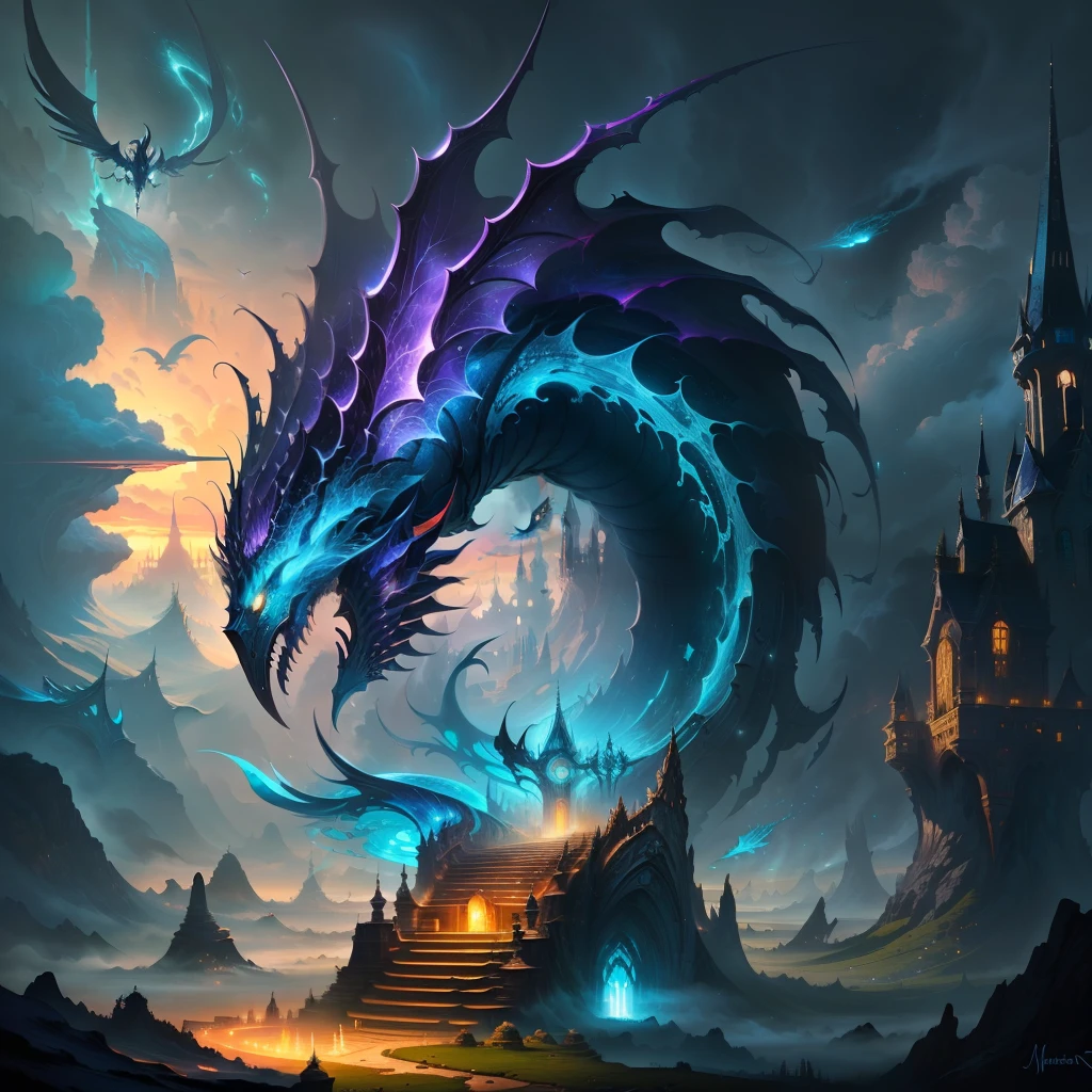 Green dragon:extremely long and delicate, (heavy acid rain in background)=1.6,ancient corrupted step pyramid:babylonian, dark fantasy, dark atmosphere, dark purple moonlit sky, angle from below, masterpiece, corrupted celestial energy, looking at viewer, piercing death gaze, enraged face:psychotic, glowing celestial eyes, 1dragon=1.5, ((celestial feathers falling from sky)), ((bioluminescent)),vibrant lighting, ultrarealistic, award winning illustration, epic wide-angle shot, wide-angle lens