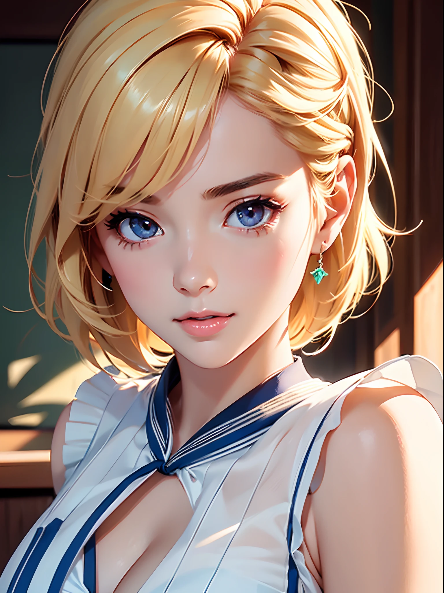 masterpiece, best quality, high quality, High definition, High quality texture, High quality shadow, high detail, beautiful detailed, finely detailed, extremely detailed cg, detailed texture, a realistic representation of the face, realistic, colorful, delicate, Cinematic Light, Ray tracing, sharp focus, (intricate details, makeup, PureErosFace_V1:0.5), (detailed beautiful delicate face, detailed beautiful delicate eyes, a face of perfect proportion, high detailed skin, detailed skin, best ratio four finger and one thumb, close up of upper body,  (large breasts), (cleavage),  ((Smooth texture, Realistic texture, Photorealistic)),  (Detailed beautiful eyes, Beautiful eyelashes, emerald eyes), blonde medium hair, 1 woman,  at classroom, ((( sheer white sailor shirt, Sleeveless, Open front))),   (Beautiful face, Cute face, Detailed face),   (((Sunny))), Perfect Eyes Eyes