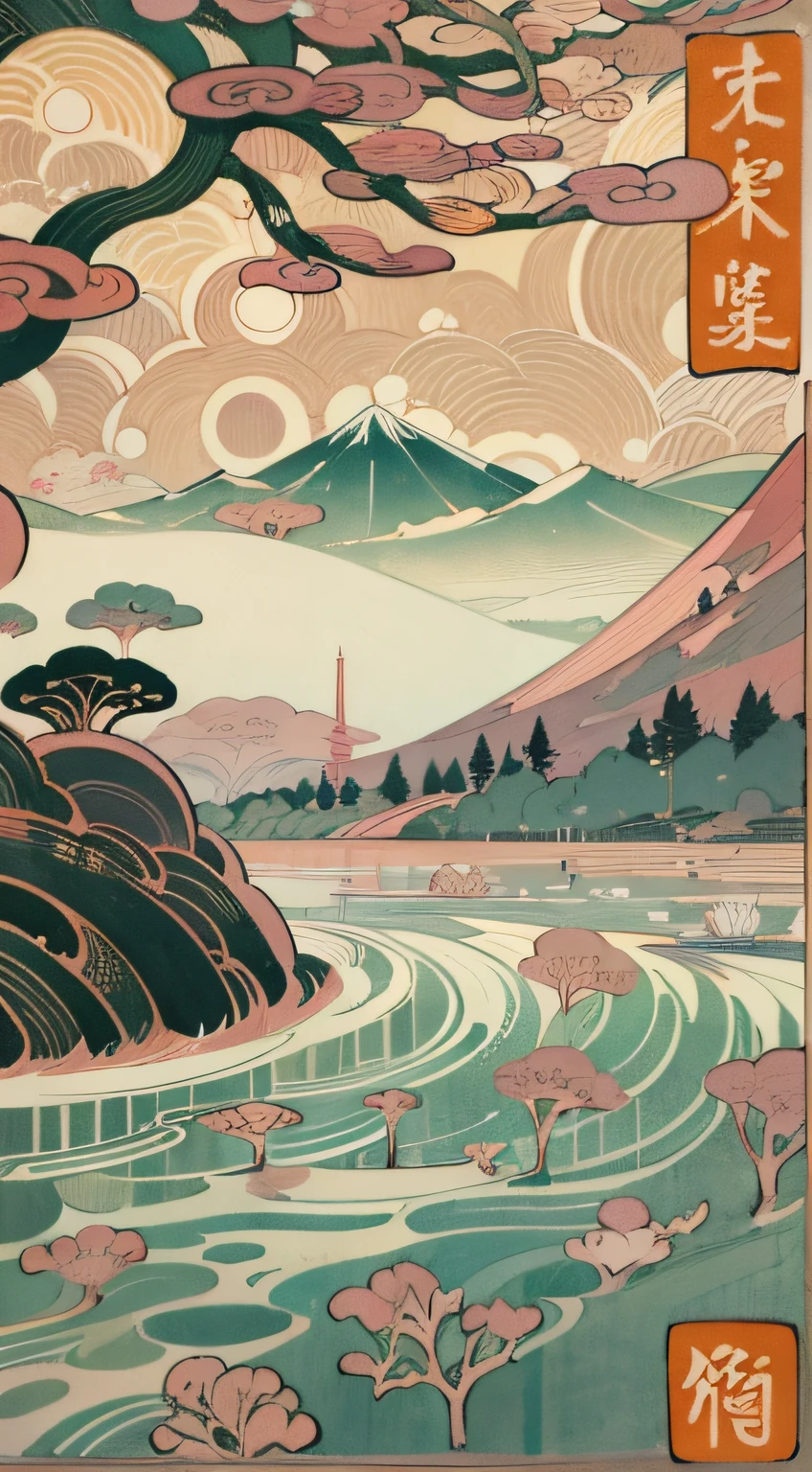 Close-up of a stamp printed with Erhai Lake, Inspired by Nomi's poster art, behance contest winner, Ukiyo-e, Japanese inspired poster, japan poster, oriental art nouveau, victo ngai style, ( ( victo ngai ) ), illustrated poster, illustration!, artwork in style of sheng lam