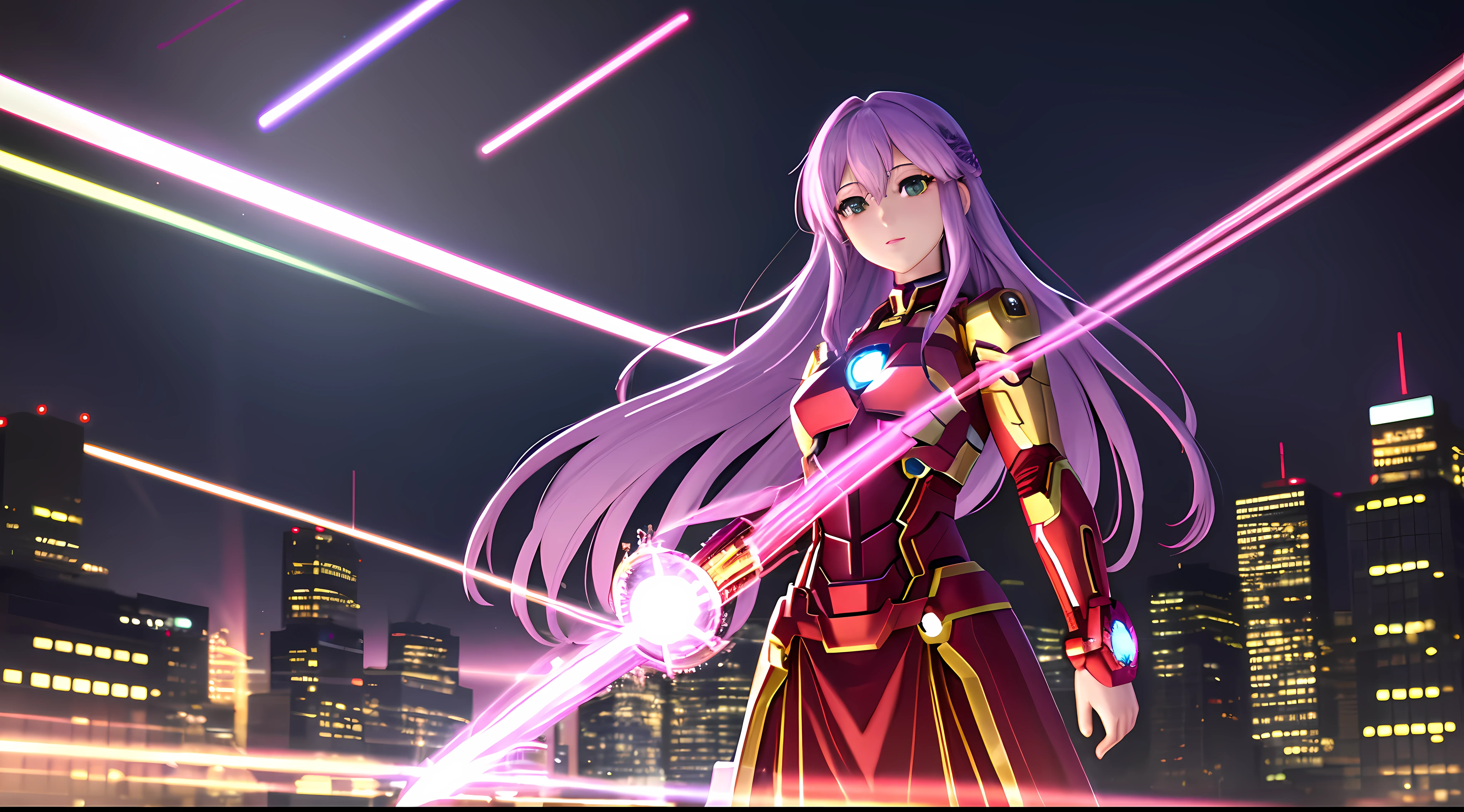 Athena with plain long light purple hair,hair between eyes,green eyes,rosy cheeks,full lips,thin eyebrows,slender body,wearing iron man cybernetics and full long skirt,cute anime girl,full body,crystals palace in background,anime style,extremely deep depth of field,Lumen Reflections,Screen Space Reflections,Diffraction Grading,Chromatic Aberration,GB Displacement,Scan Lines,Ray Traced,Anti-Aliasing,FXAA,TXAA,RTX,SSAO,Shaders,OpenGL-Shaders, GLSL-Shaders,Post Processing,Post-Production,cell Shading,Tone Mapping,CGI,VFX,SFX,insanely detailed and intricate, 4K,standing, solo, masterpiece, best quality, detailed face, detailed eyes, highres, standing, solo,masterpiece, best quality