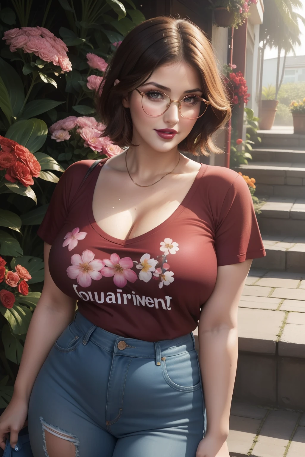Lucy Pinder, Face portrait, face, Beautiful face, smiling, voluptuous woman, ((Very intense makeup)), ((bright lipstick)), short hair, wet hair, Brown hair, short hair, short sleeve t-shirt, t-shirt full of flowers, red t-shirt, blue jeans, bag, ((chubby woman)), glasses.