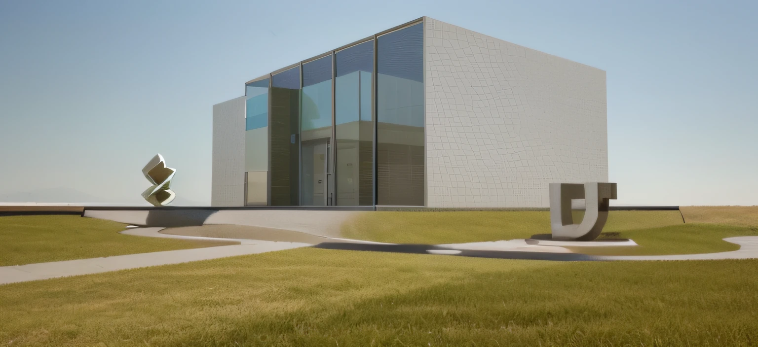 a rendering of a plaza in front of one office building, stone pathway to building and from right to left, one steel sculpture on the left and one steel sculpture on the right, hilly grass between building and plaza, ((nice grass lawn)), beautiful sky, daylight, bright daylight, masterpiece, ultra-detailed, 4K, photographic rendering, commercial rendering, realistic, two-point perspective, human perspective